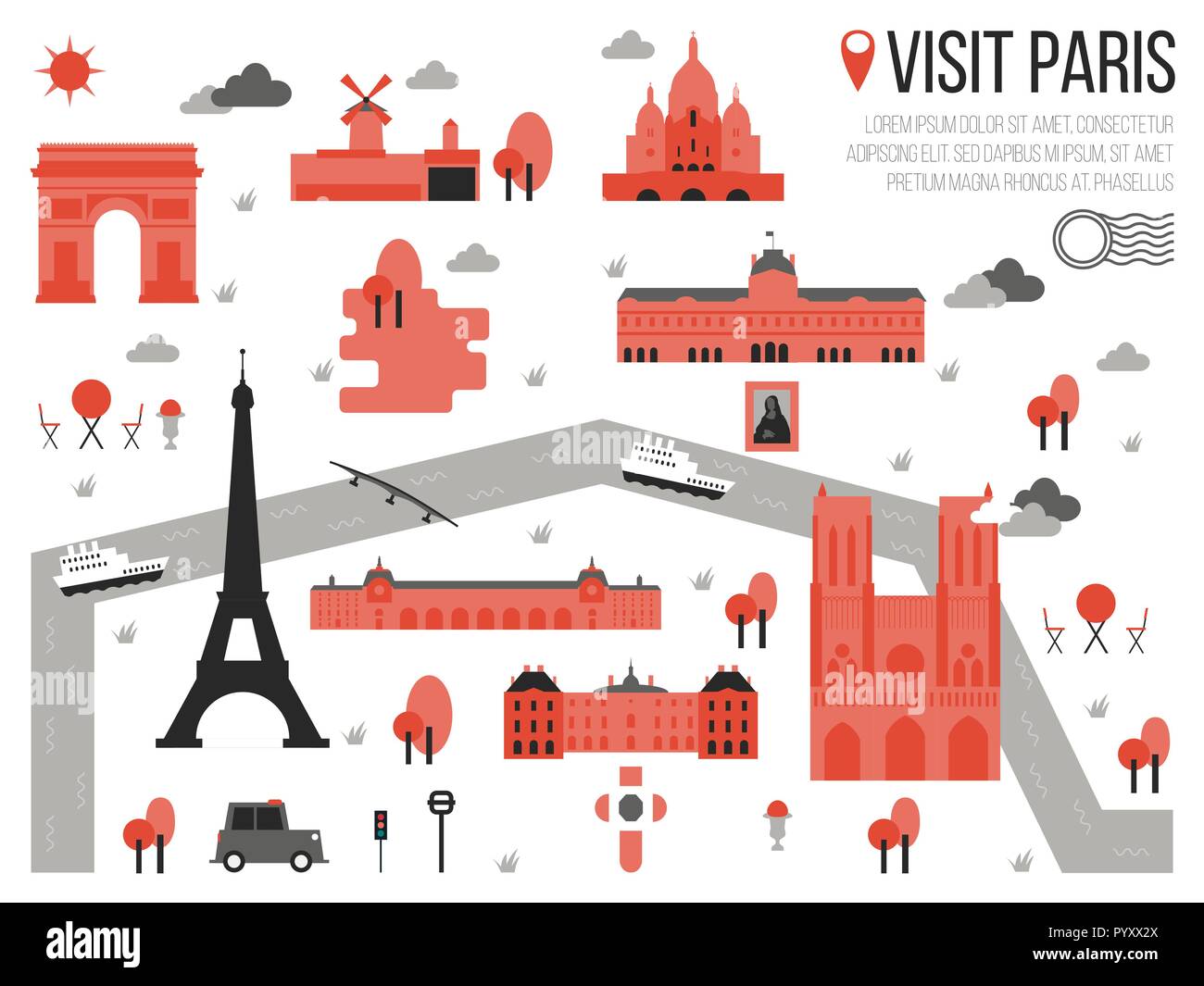 Illustration of Graphic Travel  Map of Paris, France Stock Vector