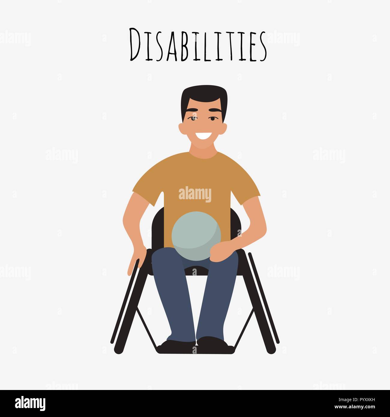 Disabled rugby player in a wheelchair. Caucasian young handicapped player man. Athlete with physical disorder. Flat cartoon character. Vector illustration. Stock Vector