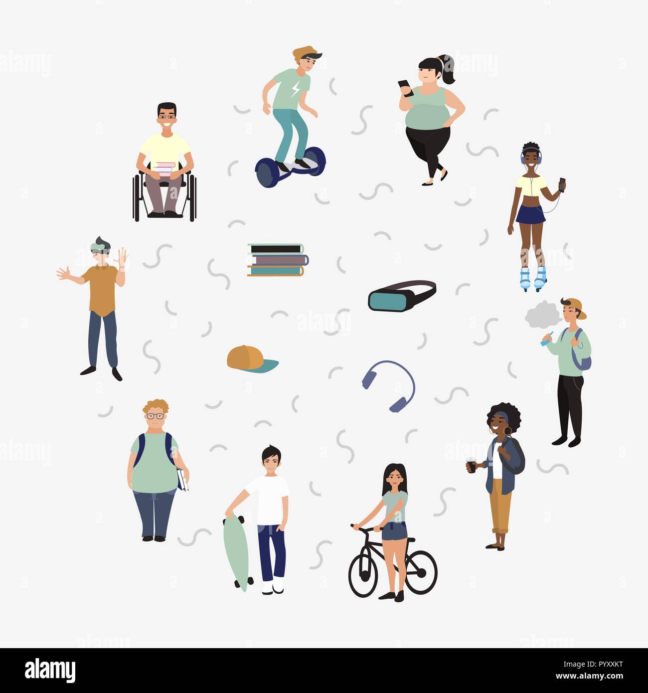 Group of teenagers busy with hobbies and leisure activities. Set of young multiracial people characters with vape, longboard, books, hoverboard, headset in flat style Stock Vector Image & Art - Alamy Group of teenagers busy with hobbies and leisure activities. Set of young multiracial people characters with vape, longboard, books, hoverboard, headset in flat style Stock Vector Image & Art - Alamy