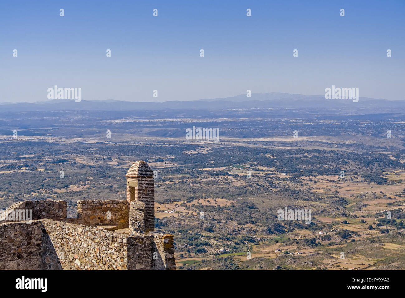Marvao Castle walls and sentry box with Alentejo landscape. Spain border territory near the horizon. Marvao, Alto Alentejo, Portugal Stock Photo