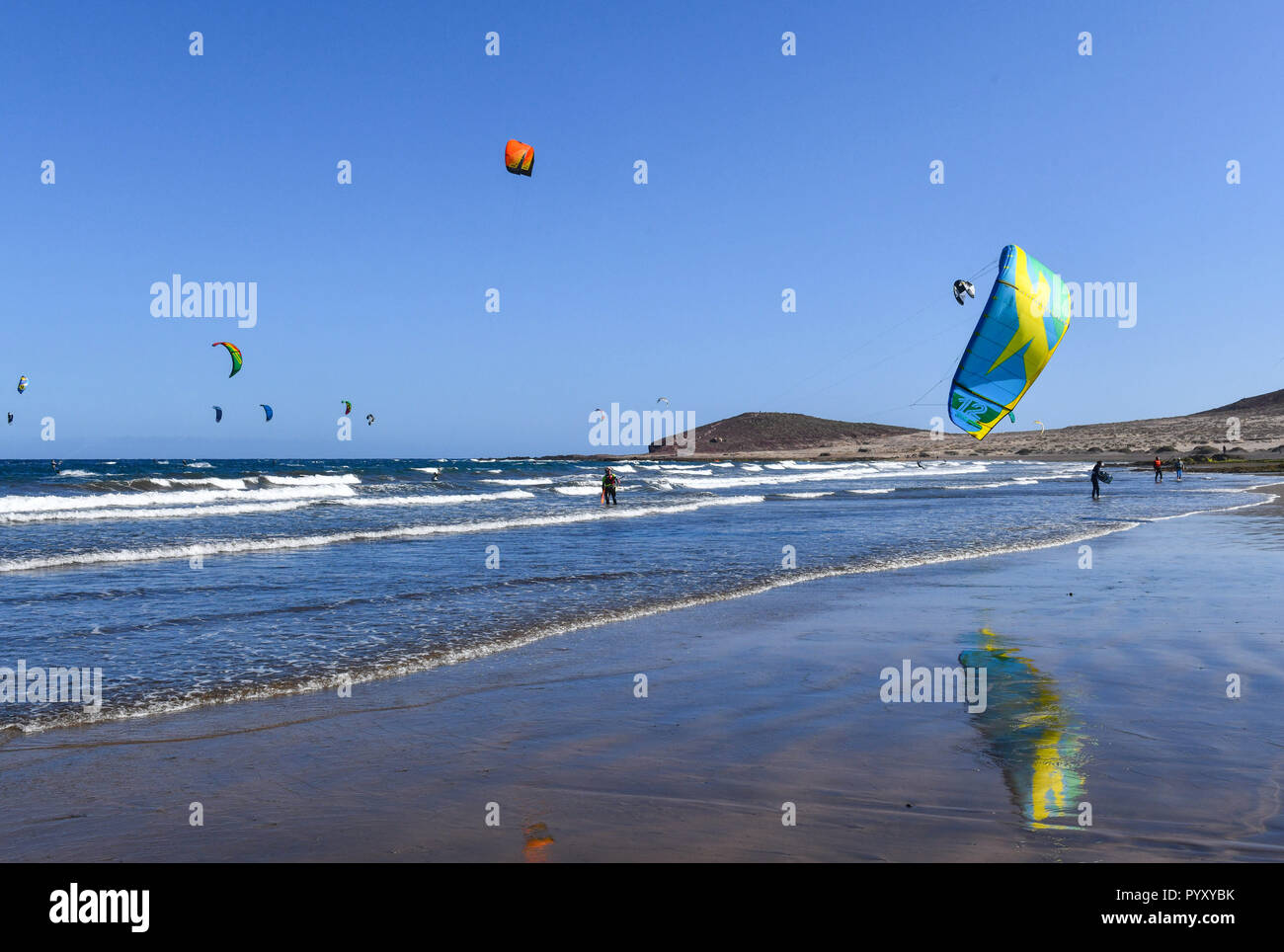 Spain, Canary Islands: Tenerife. El Medano, kitesurfing spot, south of the  island, near the airport, a place of strong winds. *** Local Caption ***  Stock Photo - Alamy