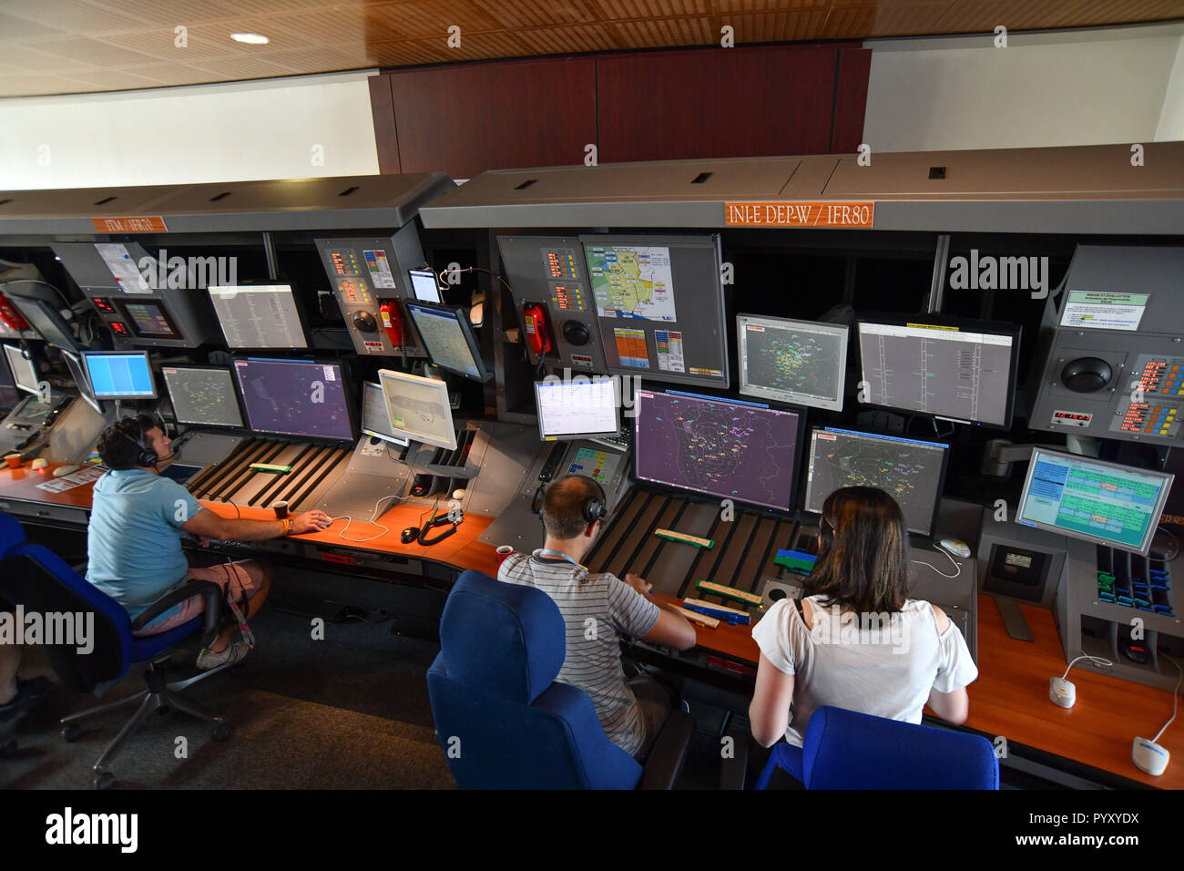 Colombier-Saugnieu (south-eastern France). Lyon Saint-Exupery airport. Air traffic control, French Civil Aviation Authority (DGAC). Operators (man and Stock Photo