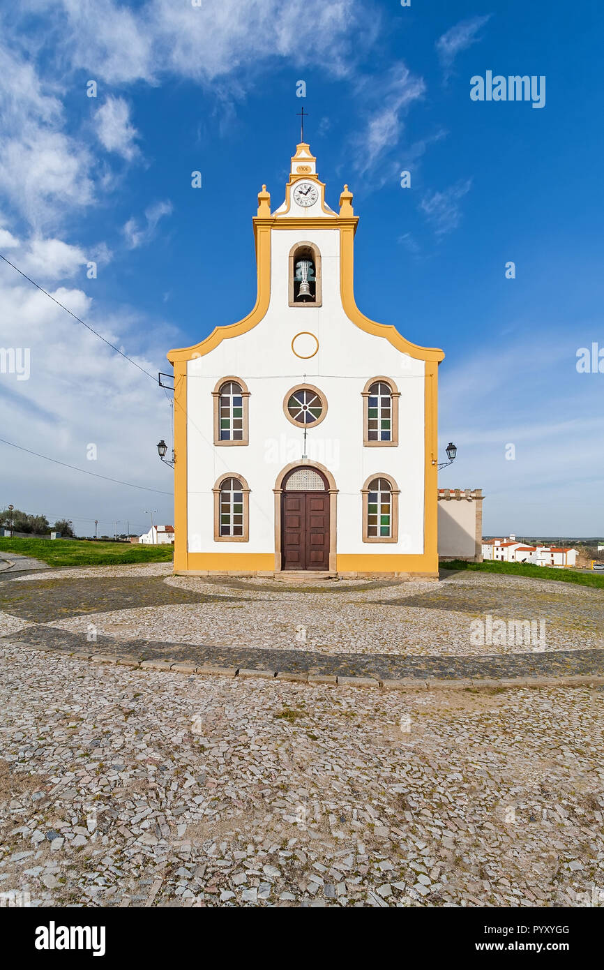 The parish church of Flor da Rosa where the knight Alvaro Goncalves Pereira was temporarily buried. Crato, Alto Alentejo, Portugal Stock Photo