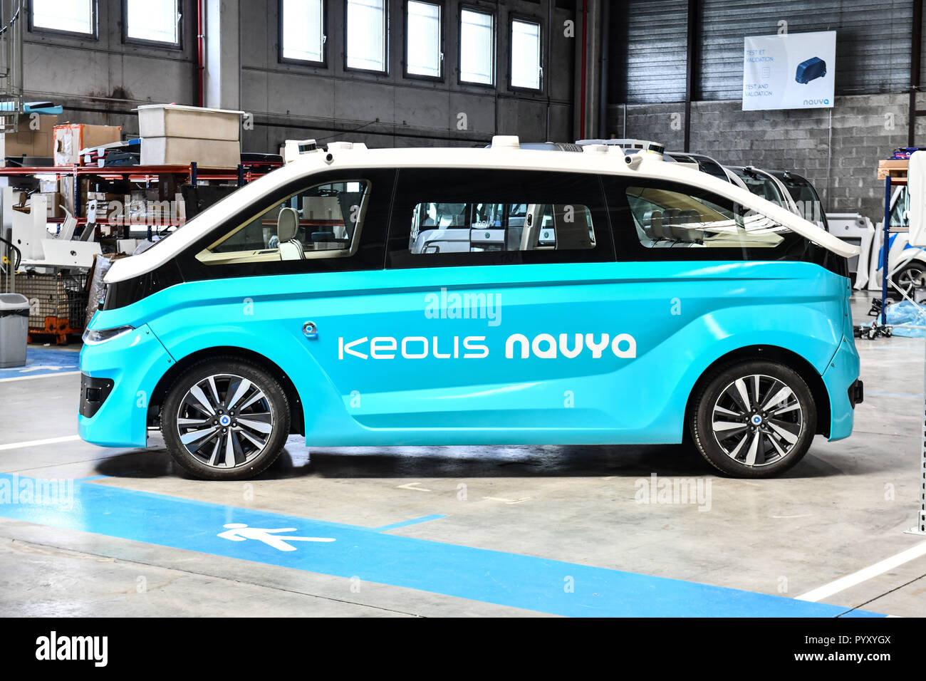 Venissieux (south-eastern France). Navya autonomous vehicle manufacturing plant. Autonom Cab, driverless taxi service developed by Navya and Keolis ** Stock Photo