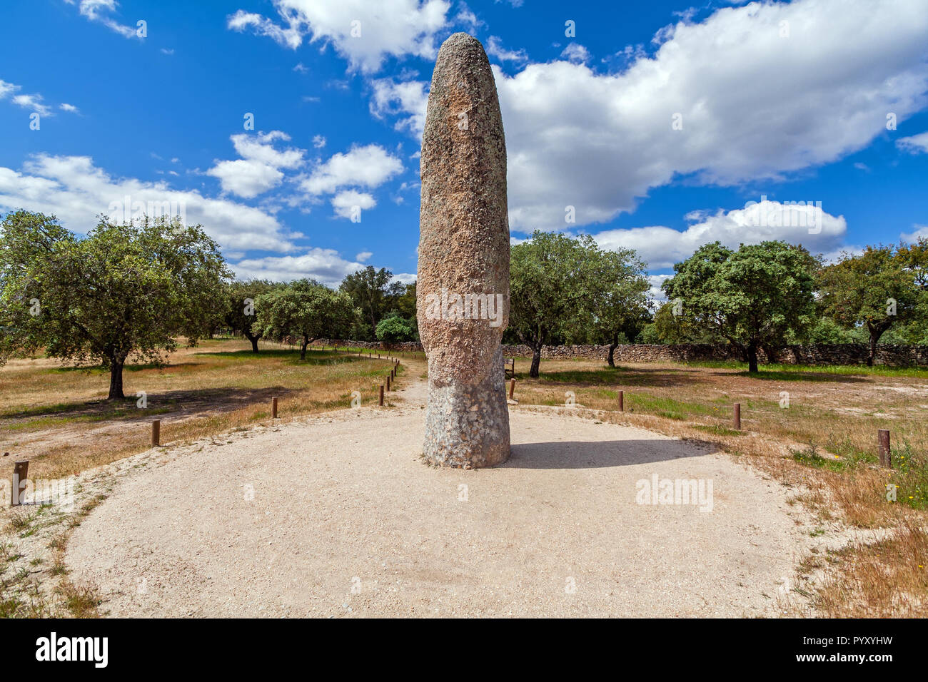 Menir da Meada Standing Stone. Largest menhir of the Iberian Peninsula. Neolithic monument of prehistory. Phallic shape representing fertility. Castel Stock Photo