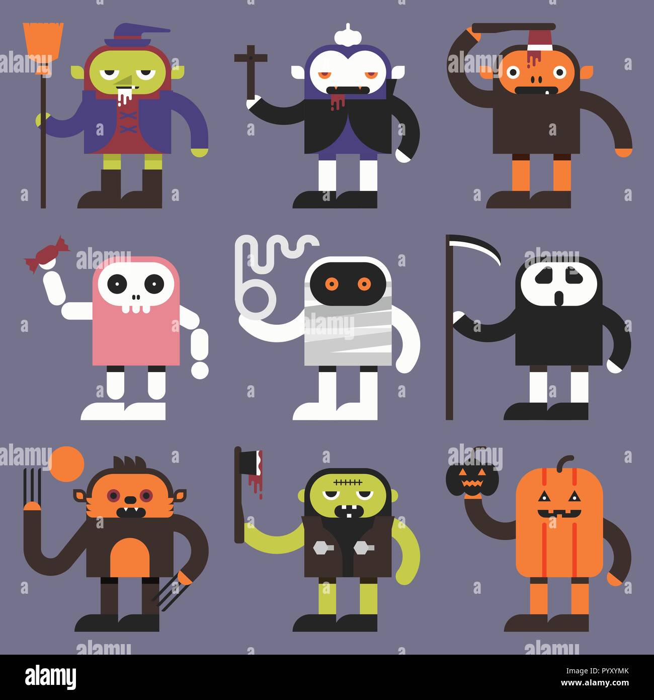 Illustration of halloween cute ghosts characters, flat design Stock Vector