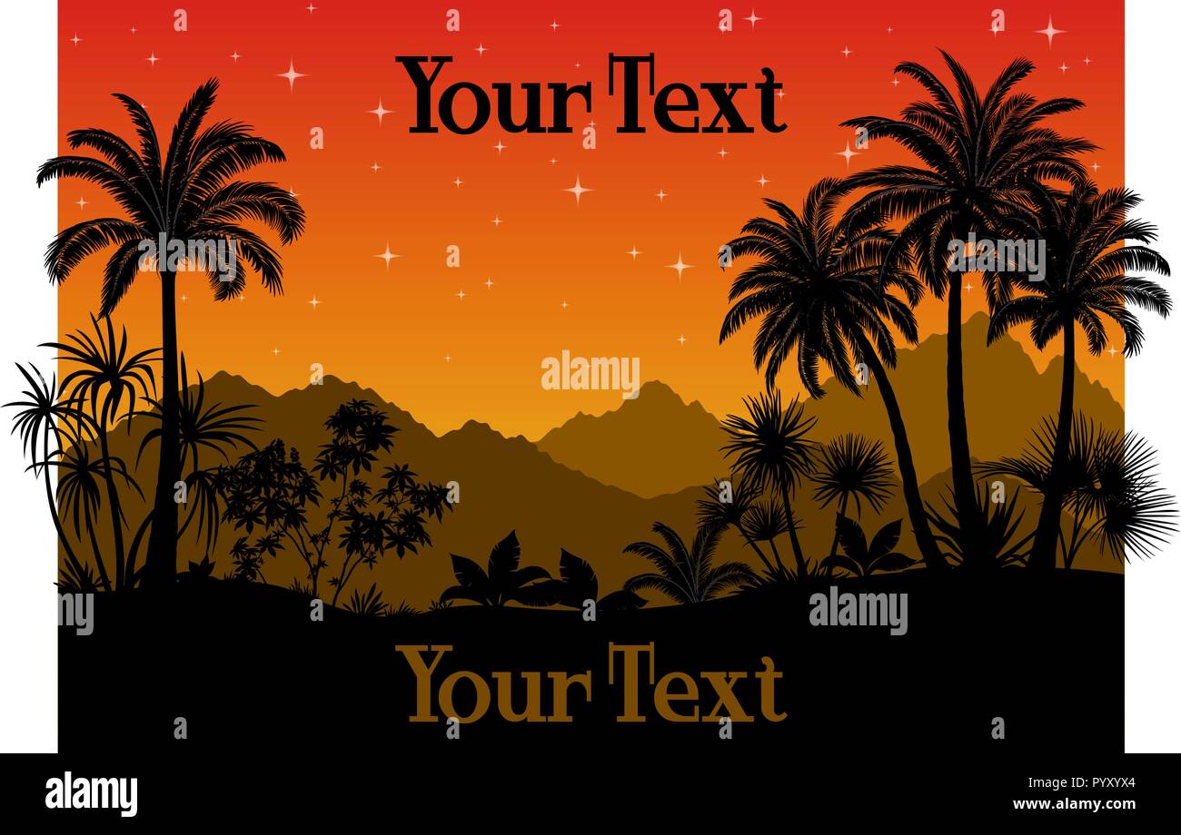 Tropical Night Landscape, Palm Trees and Exotic Plants Black Silhouettes on the Background of Mountains and Starry Sky. Eps10, Contains Transparencies. Vector Stock Vector