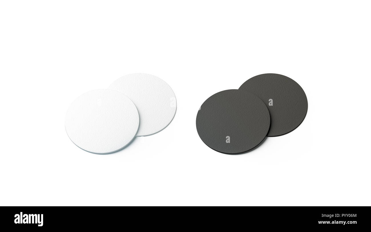 Blank black and white beer coasters mockup set, isolated, 3d rendering. Empty pile of bottle rug mock up. Clear round table-mat template. Cardboard protection for beverage. Stock Photo