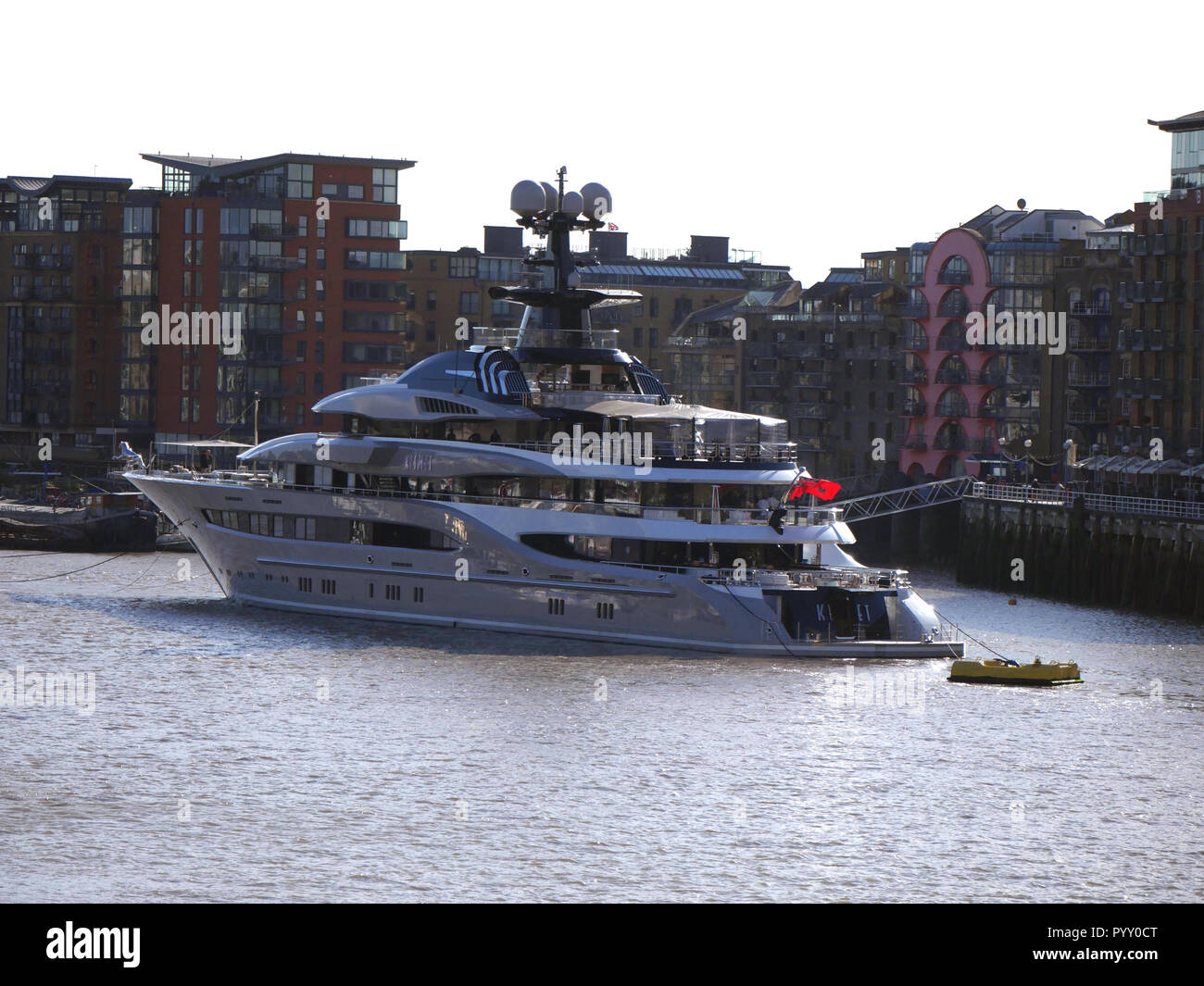 Luxury Yacht 'Kismet' owned by Shahid Khan  moored alongside Butler's wharf pier near Tower Bridge, London UK Stock Photo