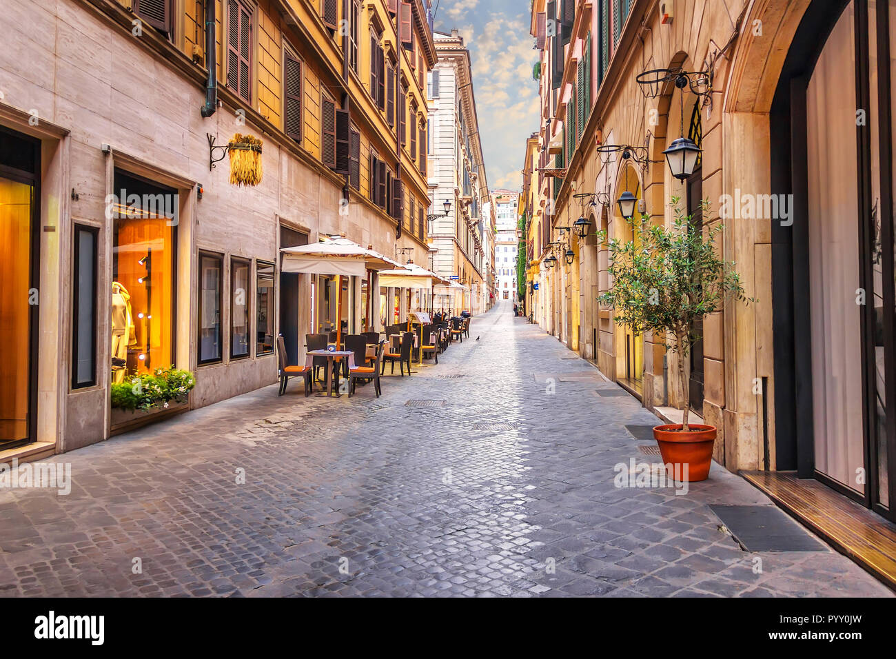 Famous Italian street Via Borgogna with shops and restaurants, Rome, no people Stock Photo