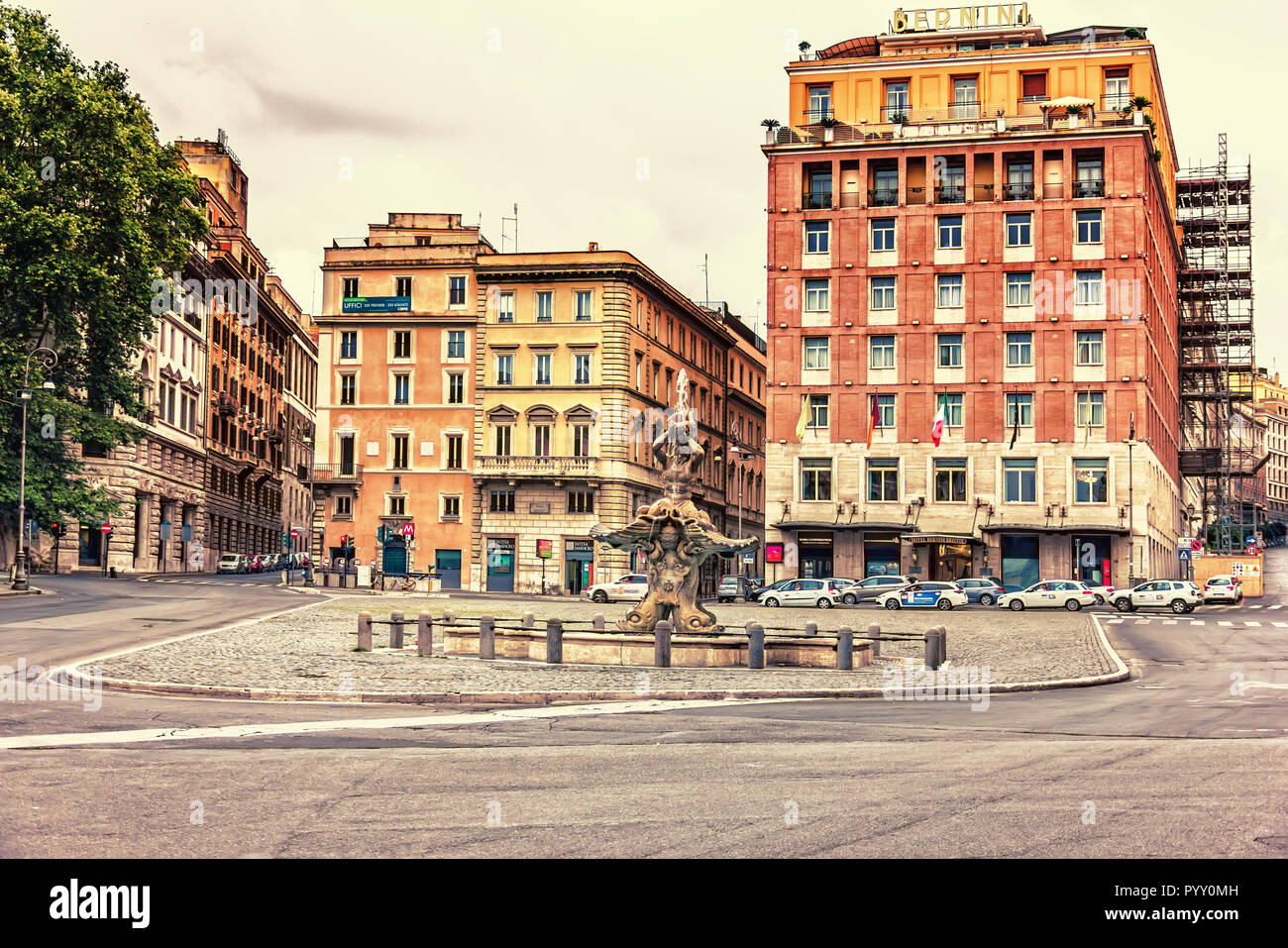 Rome/Italy - 27 August, 2018: Piazza Barberini, Triton Fountain and Bernini Bristol Hotel Stock Photo