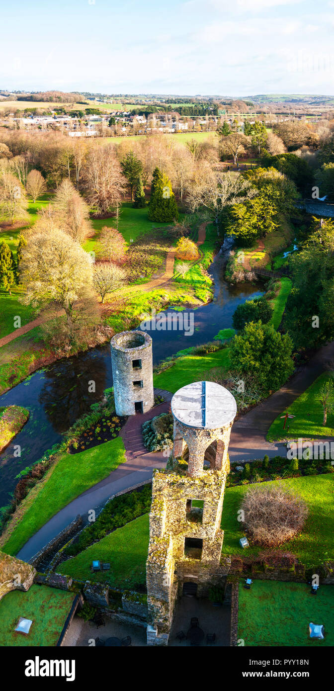 Autumn in Ireland. Aerial view of Blarney Castle tower in Ireland