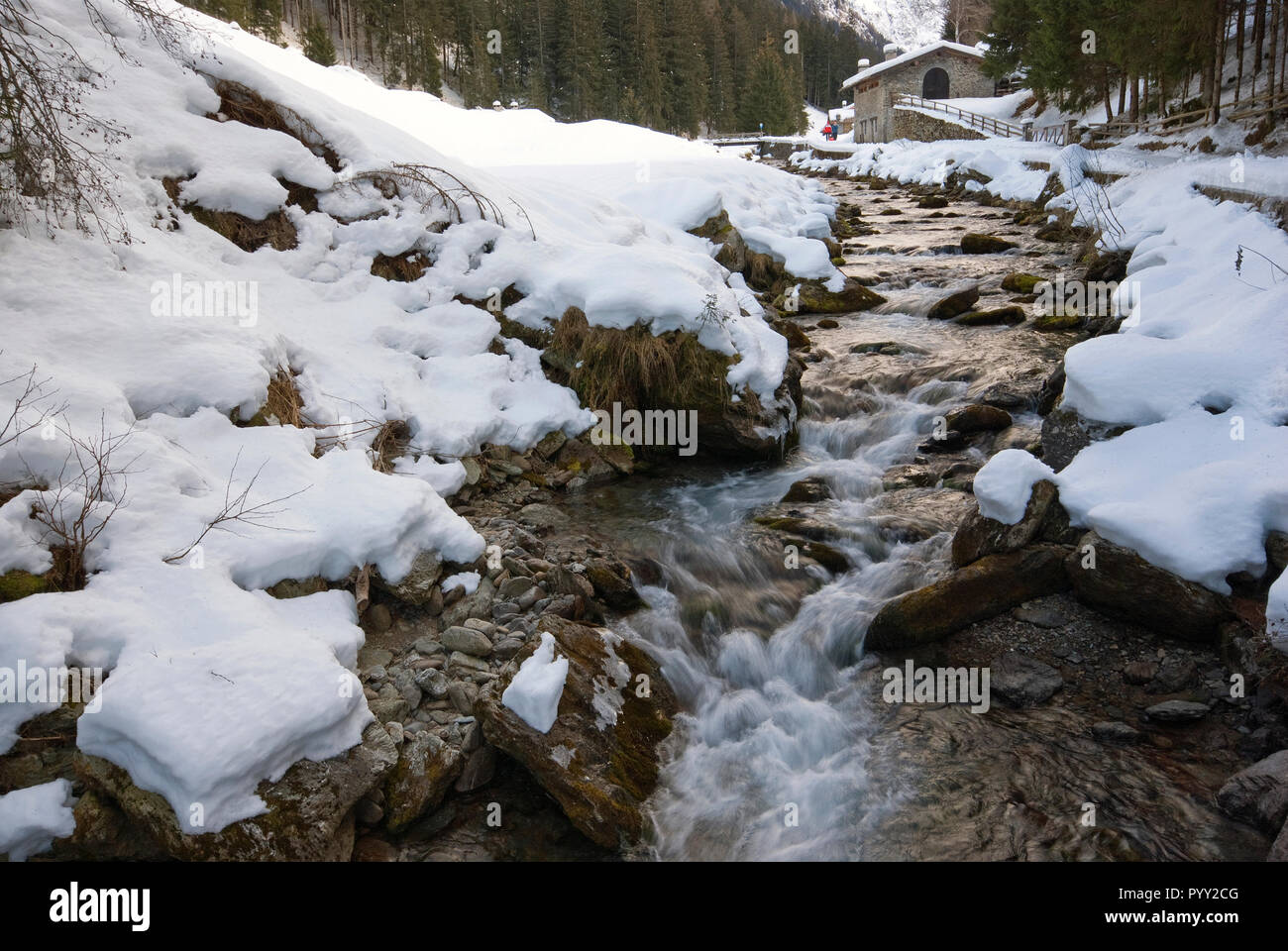 Winter scenery of Val Brandet in Valli di Sant'Antonio (Saint Anthony Valleys), Orobie Alps, Lombardy, Italy Stock Photo