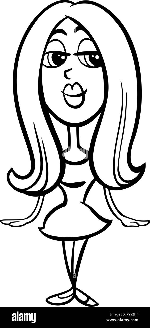 Black and White Cartoon Illustration of Beautiful Young Woman or Girl