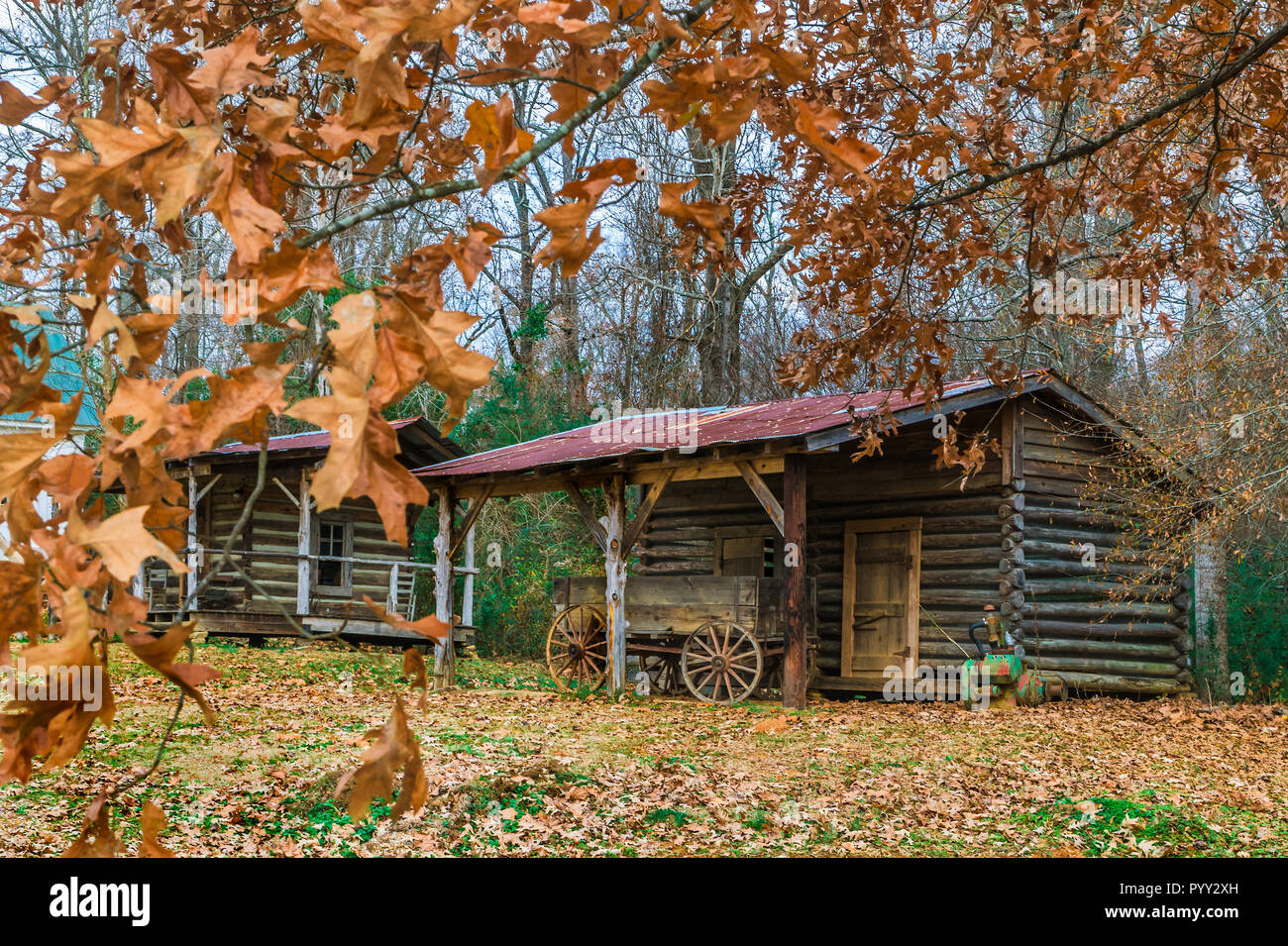 Autumn leaves provide a scenic backdrop for one of the rustic barns