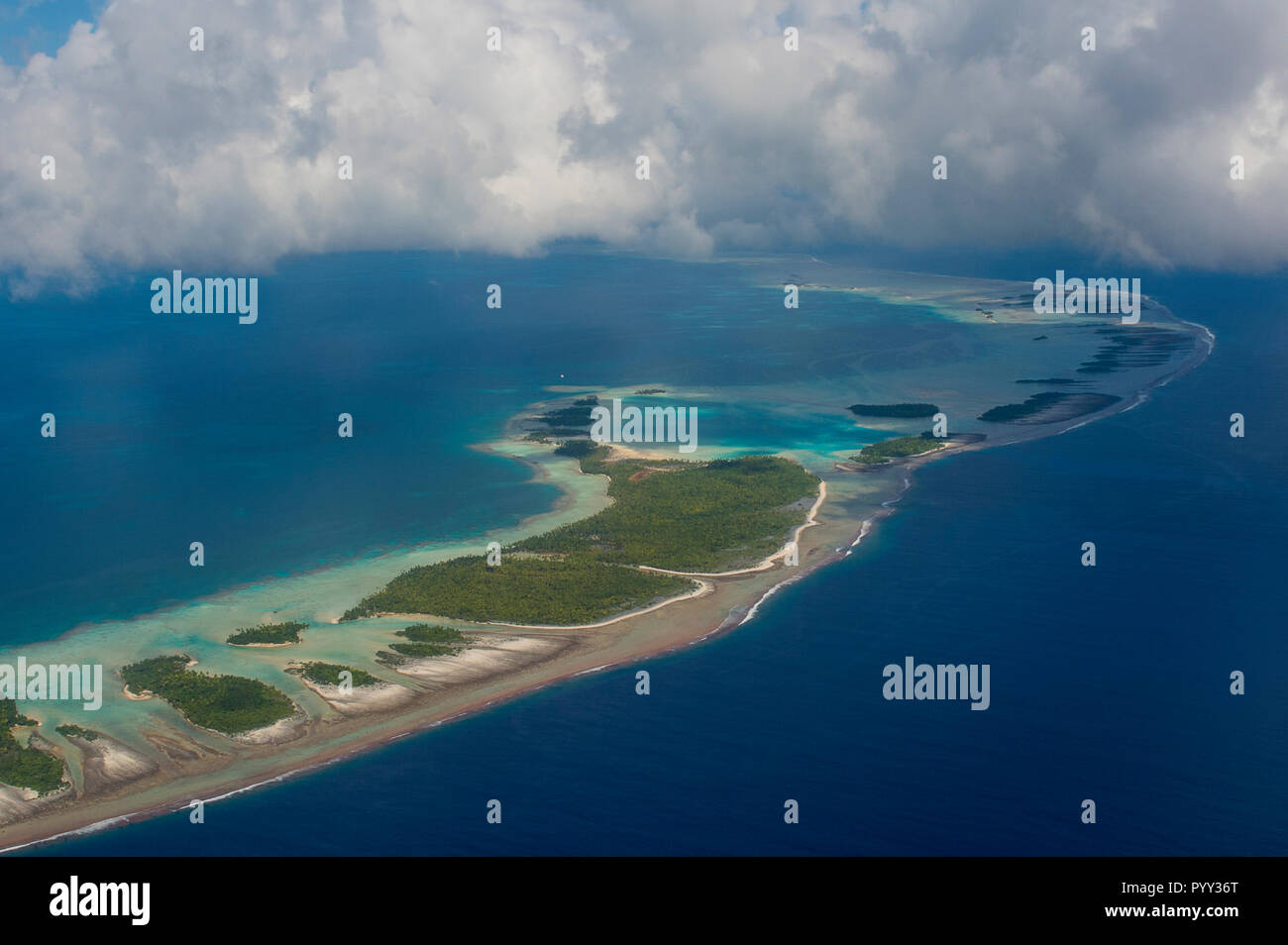 Aerial of the blue lagoon in Rangiroa, Tuamotu-Archipel, French Polynesia Stock Photo