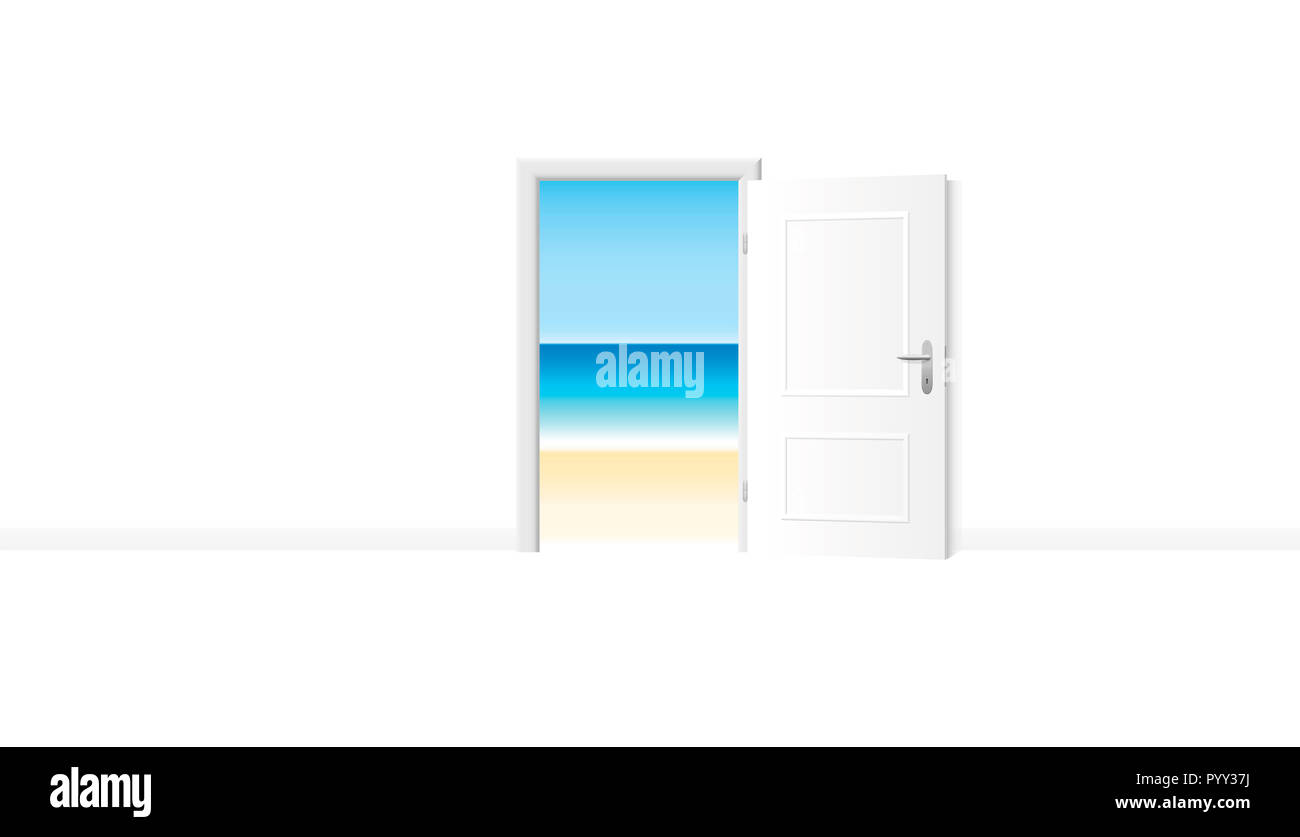 Open white door with delightful beach view. Bright white room with access to the ocean shore. Stock Photo