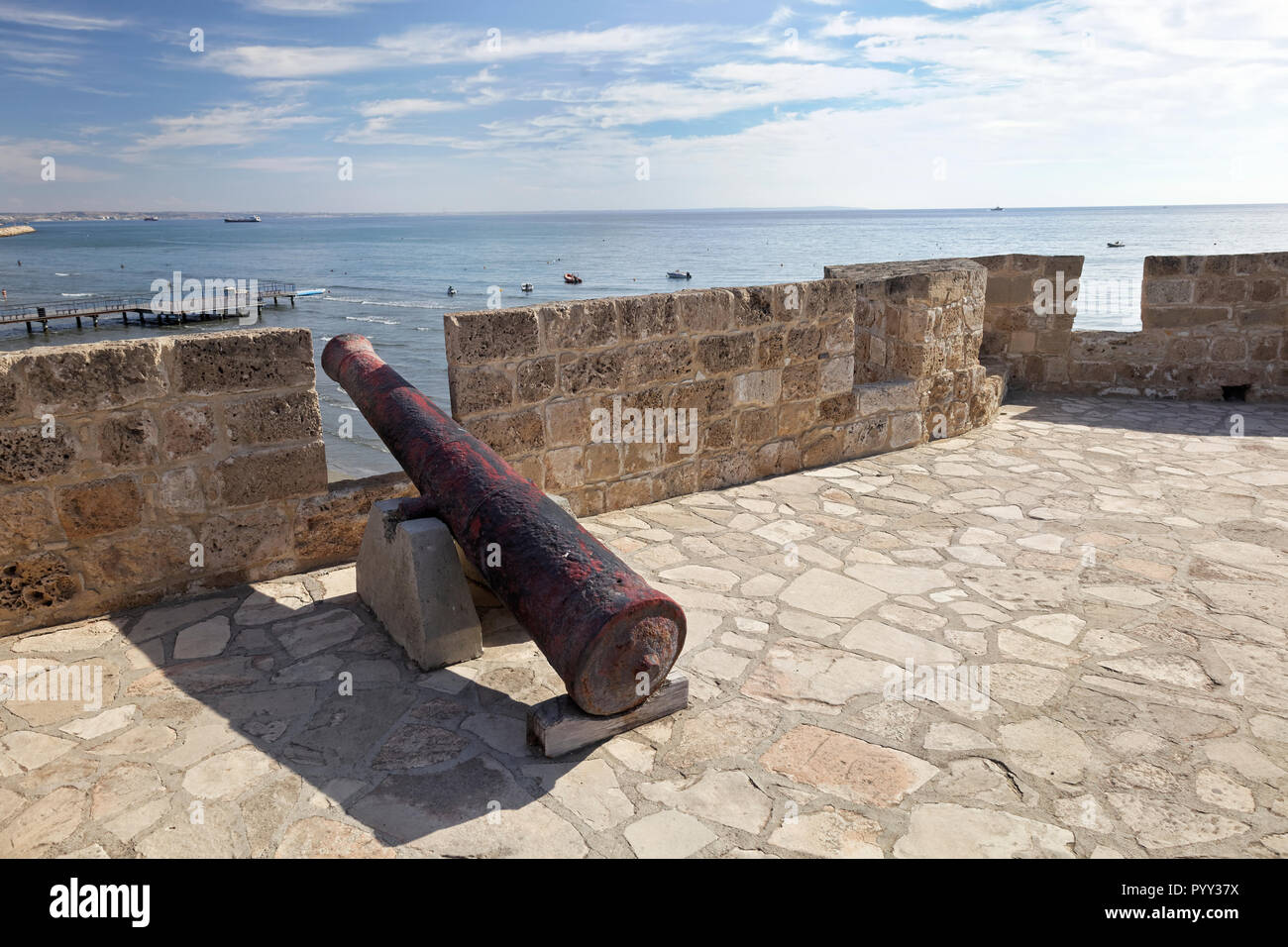 Medieval fort, cannon, Mediterranean Sea, Foinikoudes promenade, Larnaka, Southern Cyprus, Cyprus Stock Photo