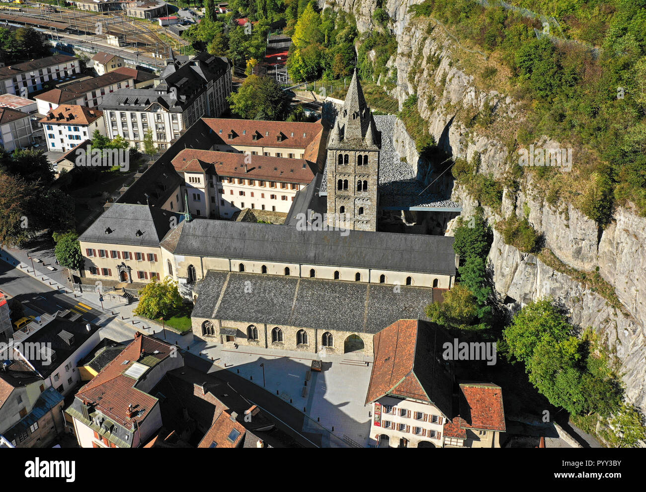 Saint-Maurice Abbey, Abbaye de Saint-Maurice d'Agaune, Saint-Maurice, Canton of Valais, Switzerland Stock Photo
