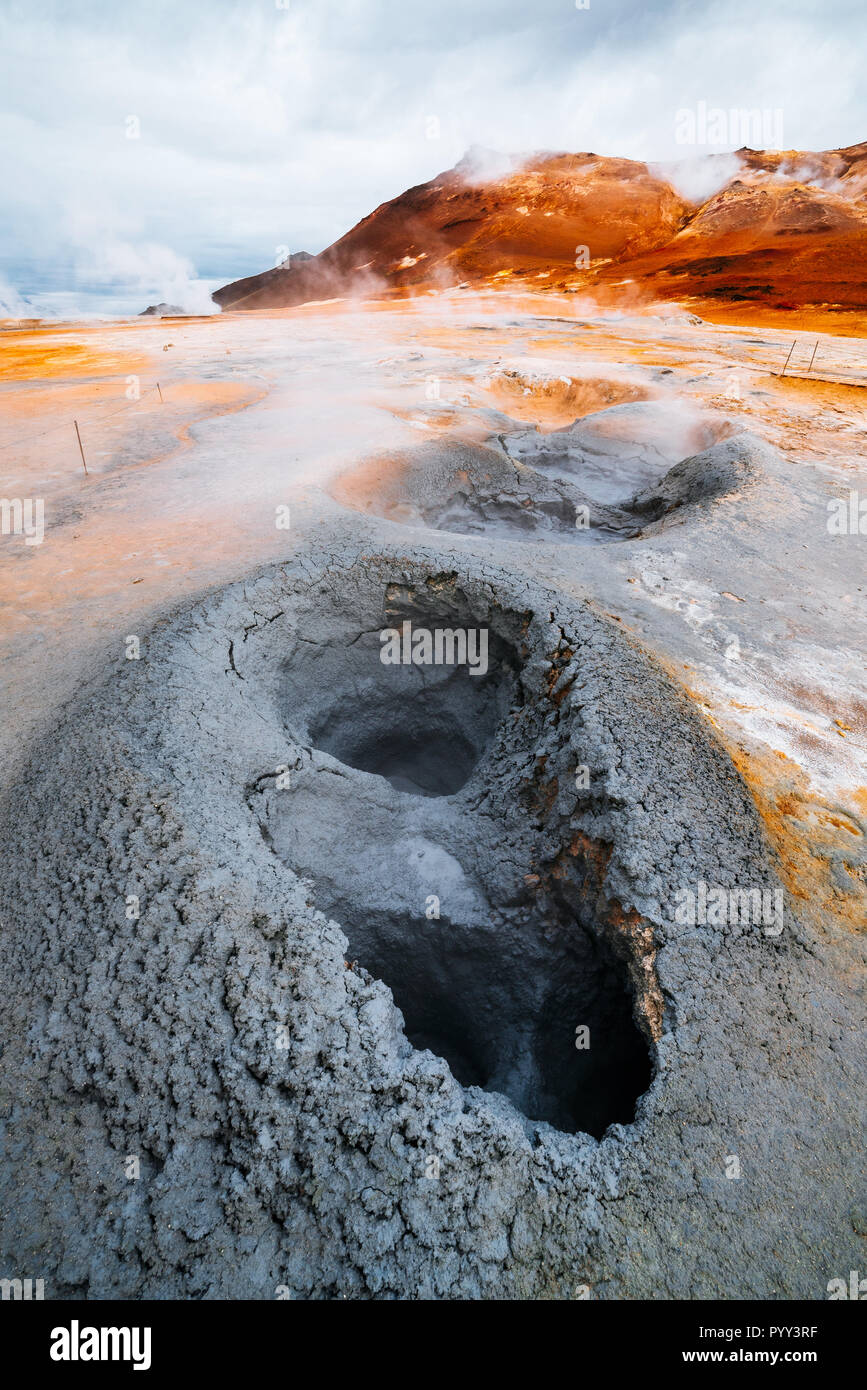 Namafjall - geothermal area in field of Hverir. Landscape which pools of boiling mud and hot springs. Tourist and natural attractions in Iceland Stock Photo