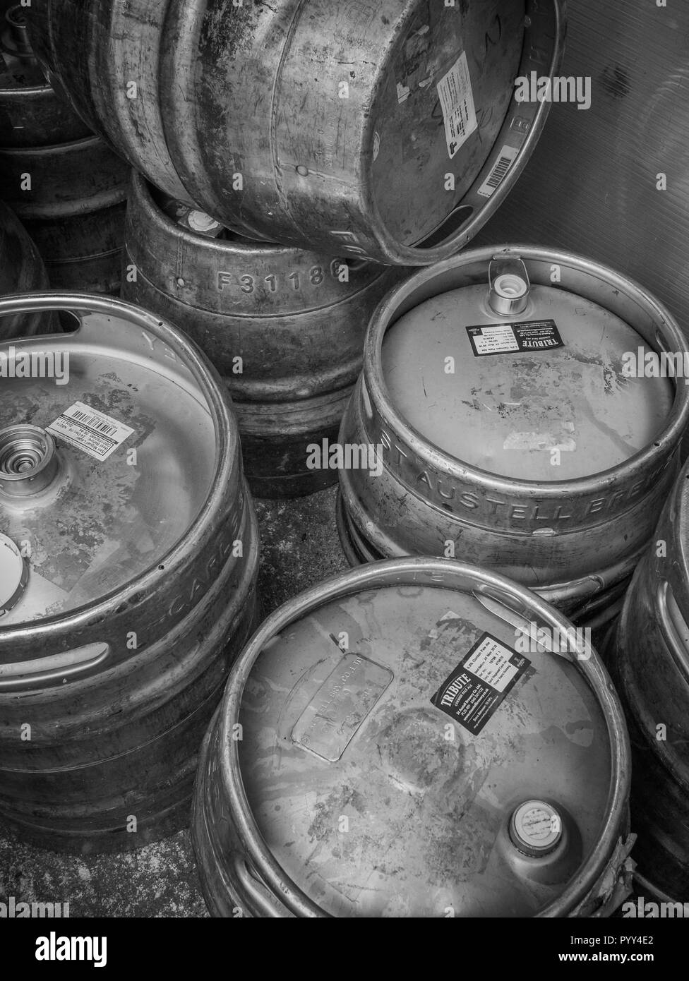 Aluminium beer barrels / kegs (Names of St. Austell Brewery, Tribute, and Carlsberg are visible