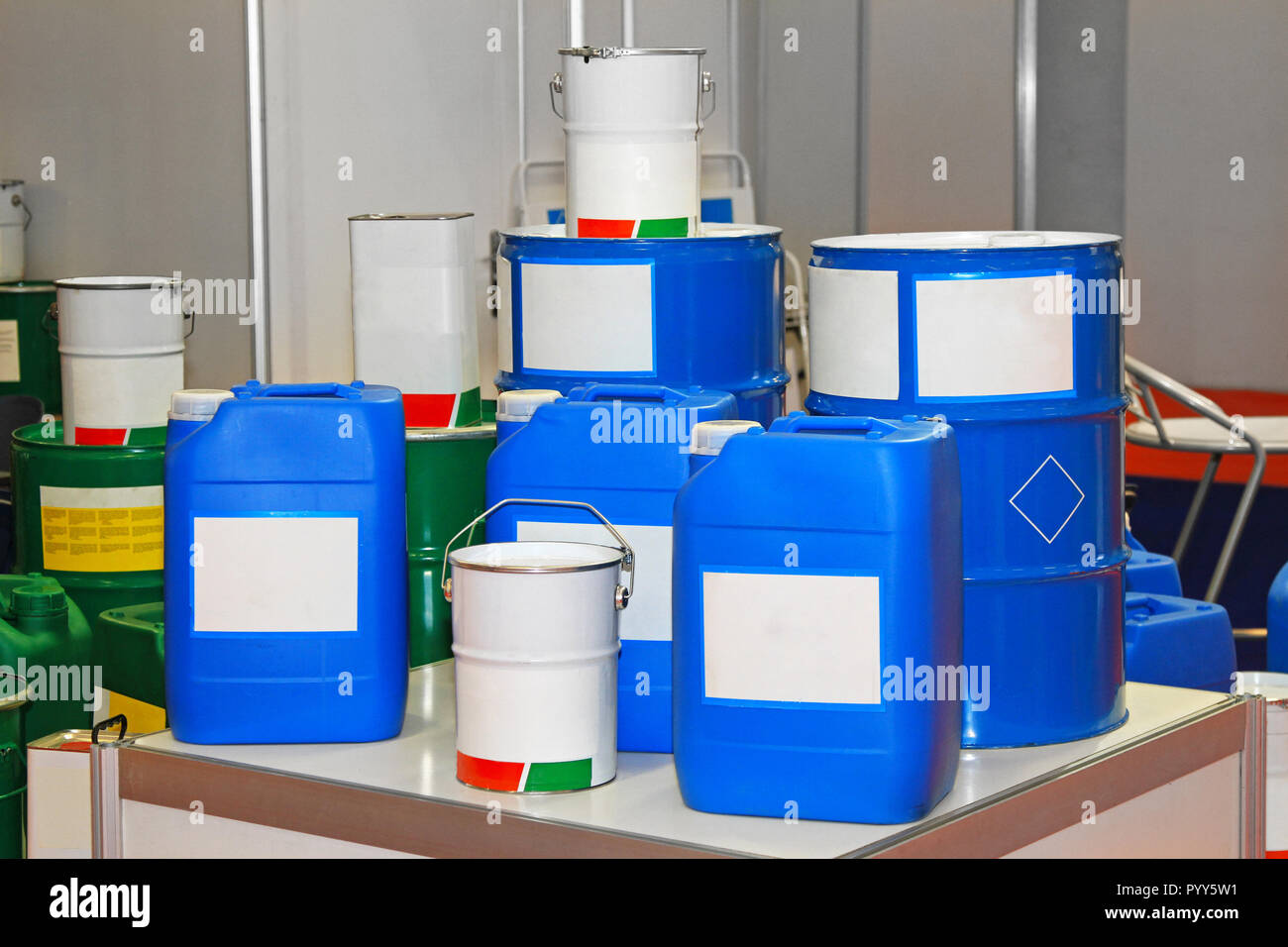 Blue barrels and buckets of chemical substance Stock Photo Alamy