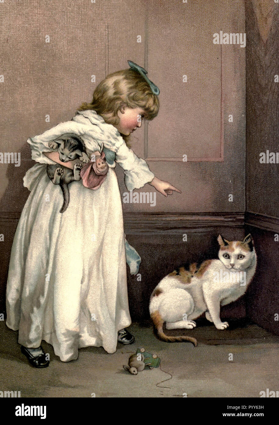 A little girl orders a cat into the corner during the Victorian Era Stock Photo