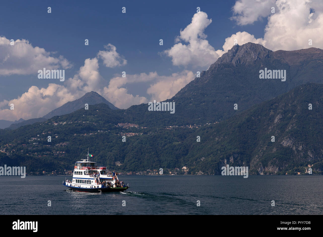 Ferry leaving the harbour at Varenna on Lake Como, Italy Stock Photo