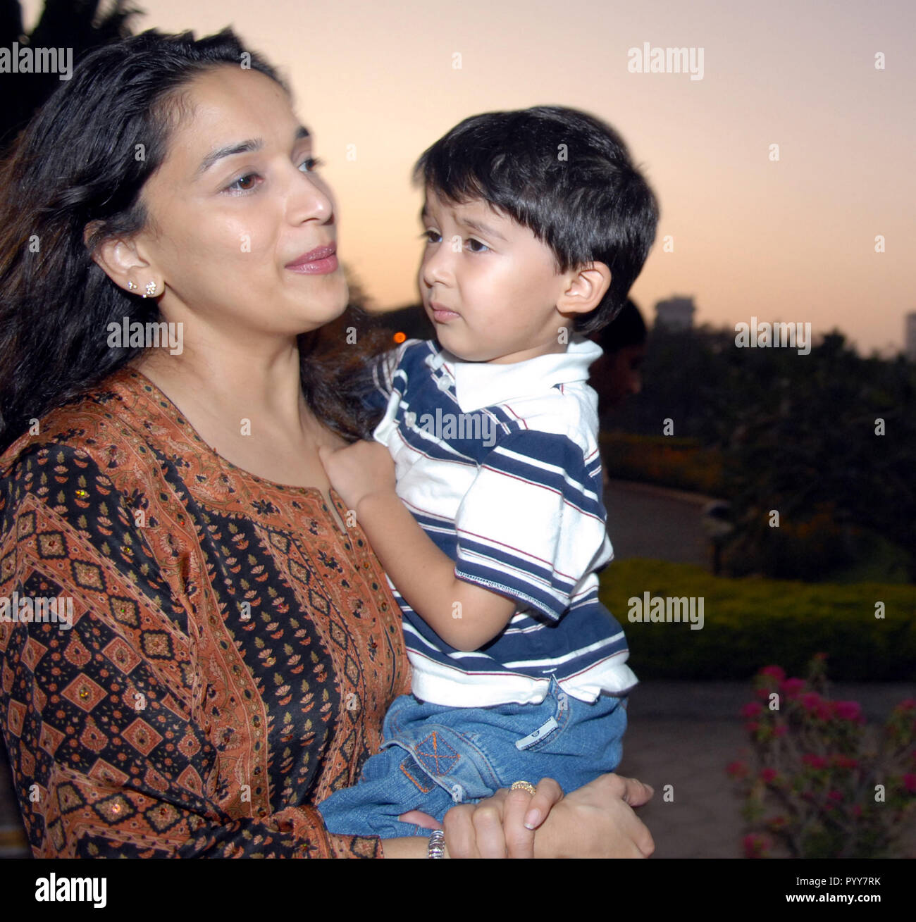 Indian Bollywood film actress Madhuri Dixit Nene with son, Mumbai Maharashtra, India, Asia Stock Photo