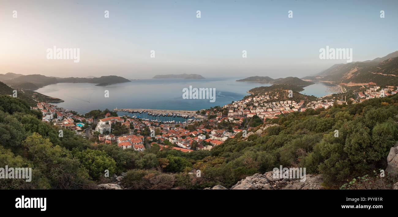 Kas town panoromic view in Turkey. Kas is small freediving, diving, yachting and tourist town in district of Antalya Province, Turkey. Stock Photo