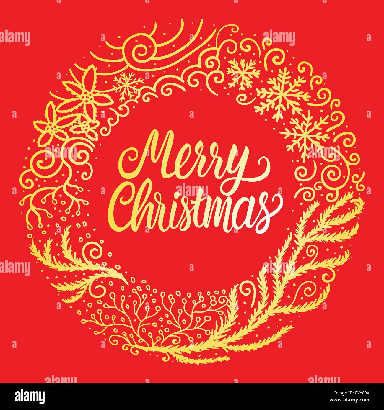 Merry Christmas white hand drawn lettering text inscription. Vector illustration bright yellow gold round ornament frame isolated on red background. Stock Vector