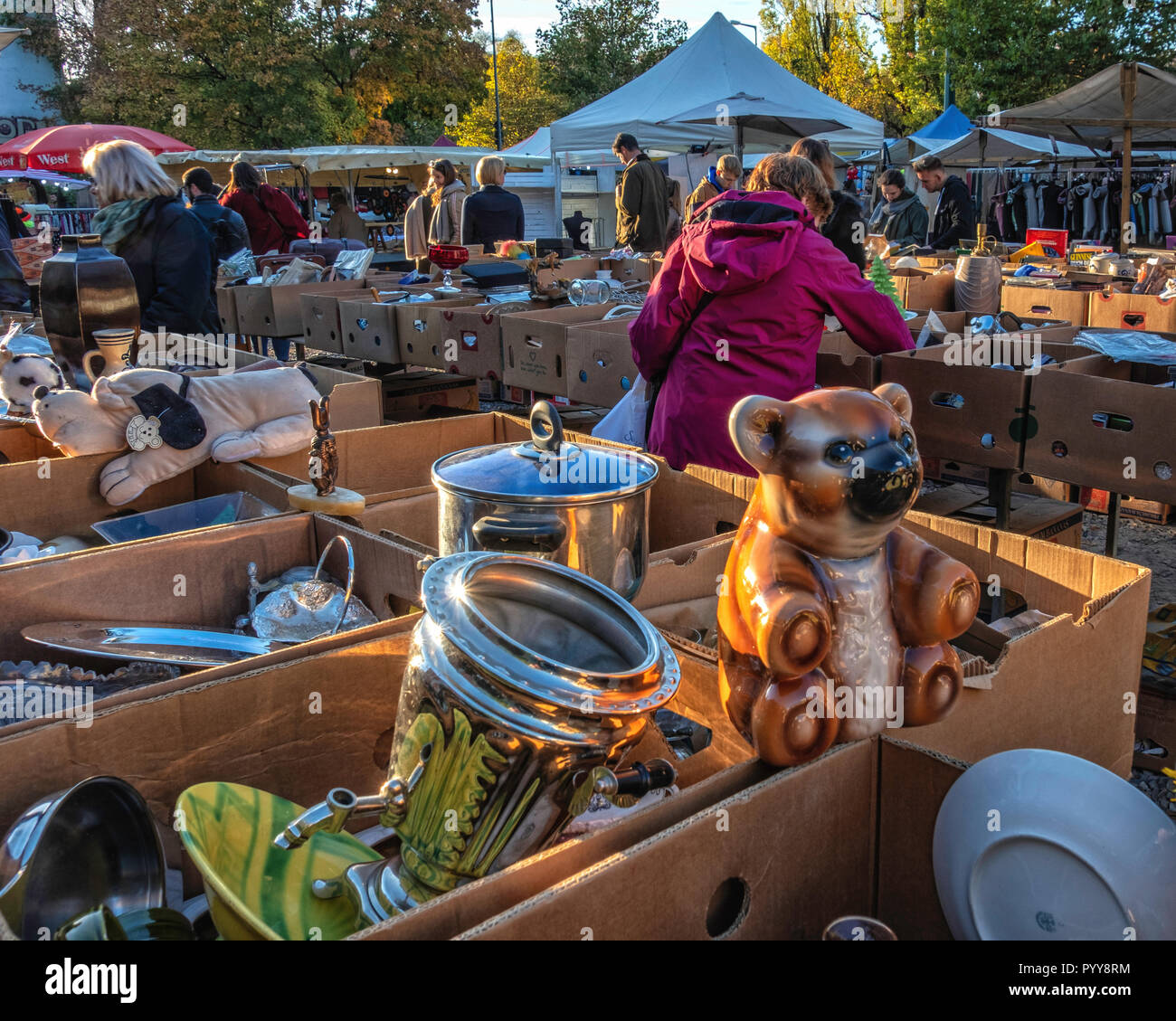 Germany,Berlin,Bernauerstrasse. Fleamarket stalls across the road from