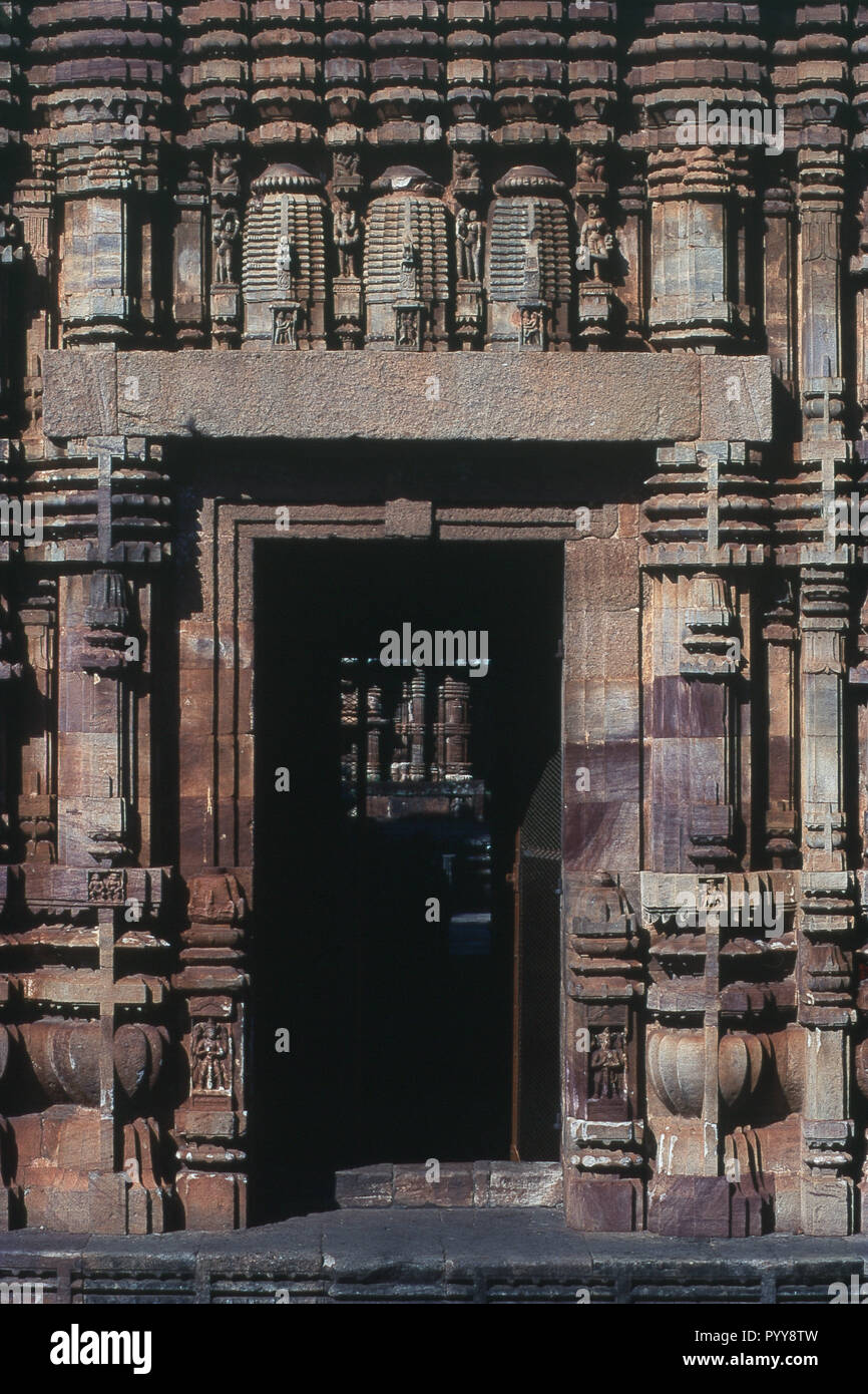 View of door frame of Lingaraj Temple, Bhubaneswar, Orissa, India, Asia Stock Photo