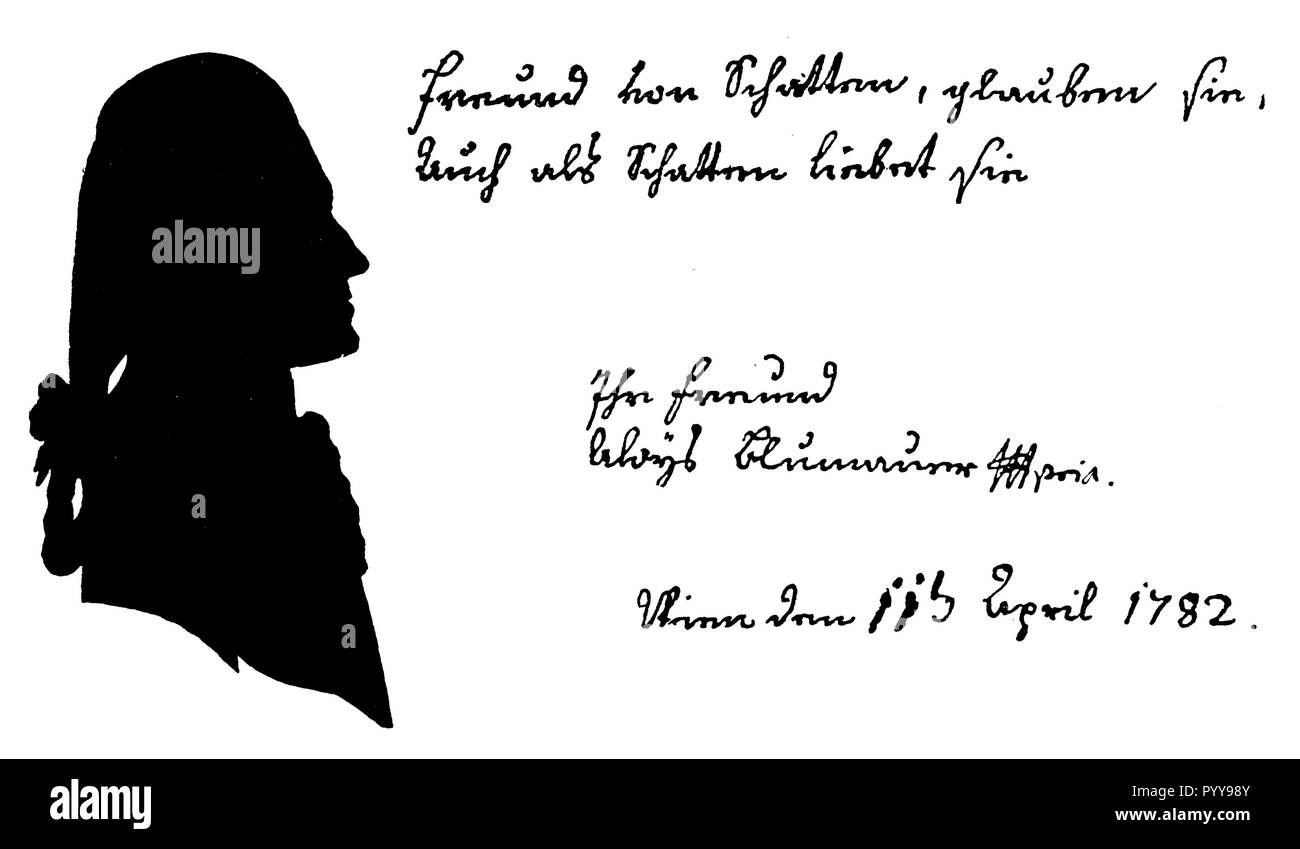 Aloys Blumauer (1755-1798). Austrian writer in the time of the Enlightenment. Pedigree with the poet's hand-drawn inscription and silhouette,   1910 Stock Photo