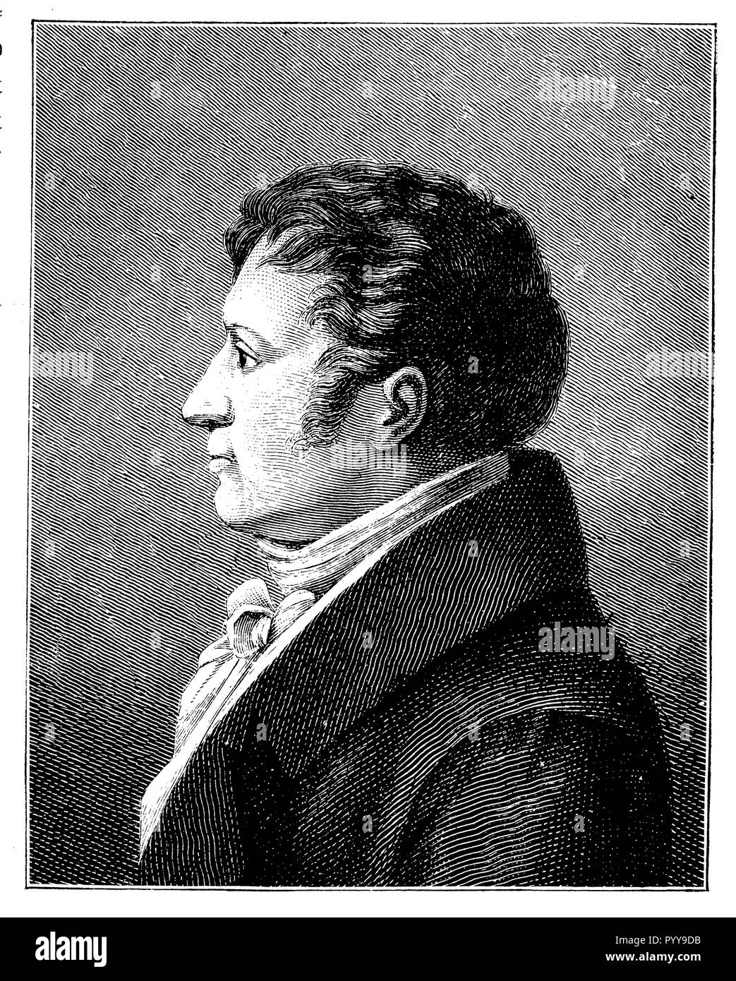 August Wilhelm Schlegel von Gottleben (1767-1845), German literary historian and critic, translator, ancient philologist and Indologist. After a contemporary engraving,   1881 Stock Photo