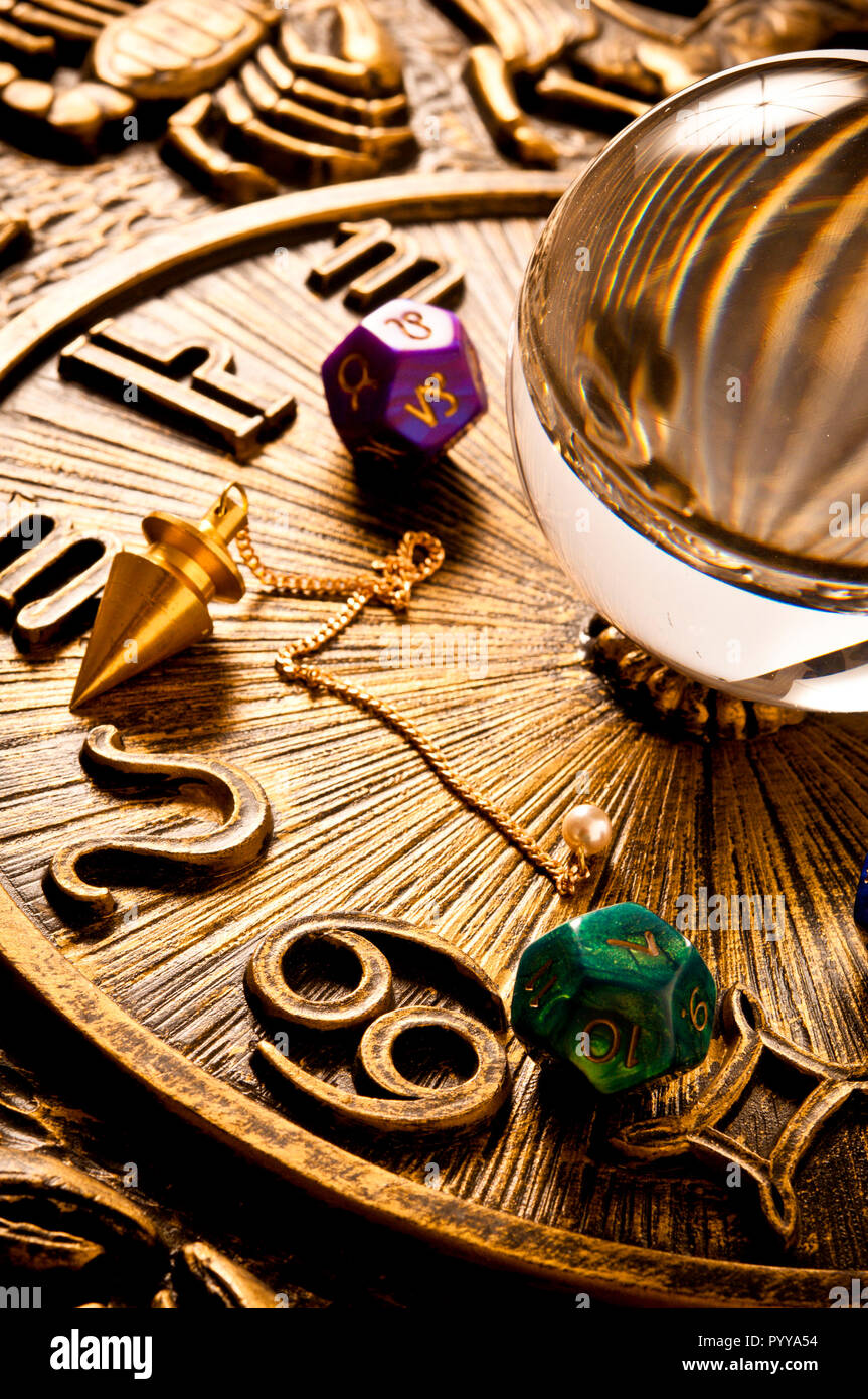 magic sphere and astrology symbols, esoteric objects Stock Photo
