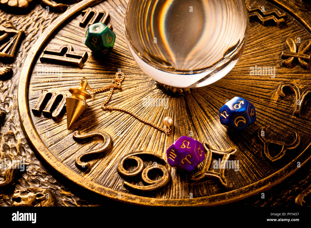 magic sphere and astrology symbols, esoteric objects Stock Photo