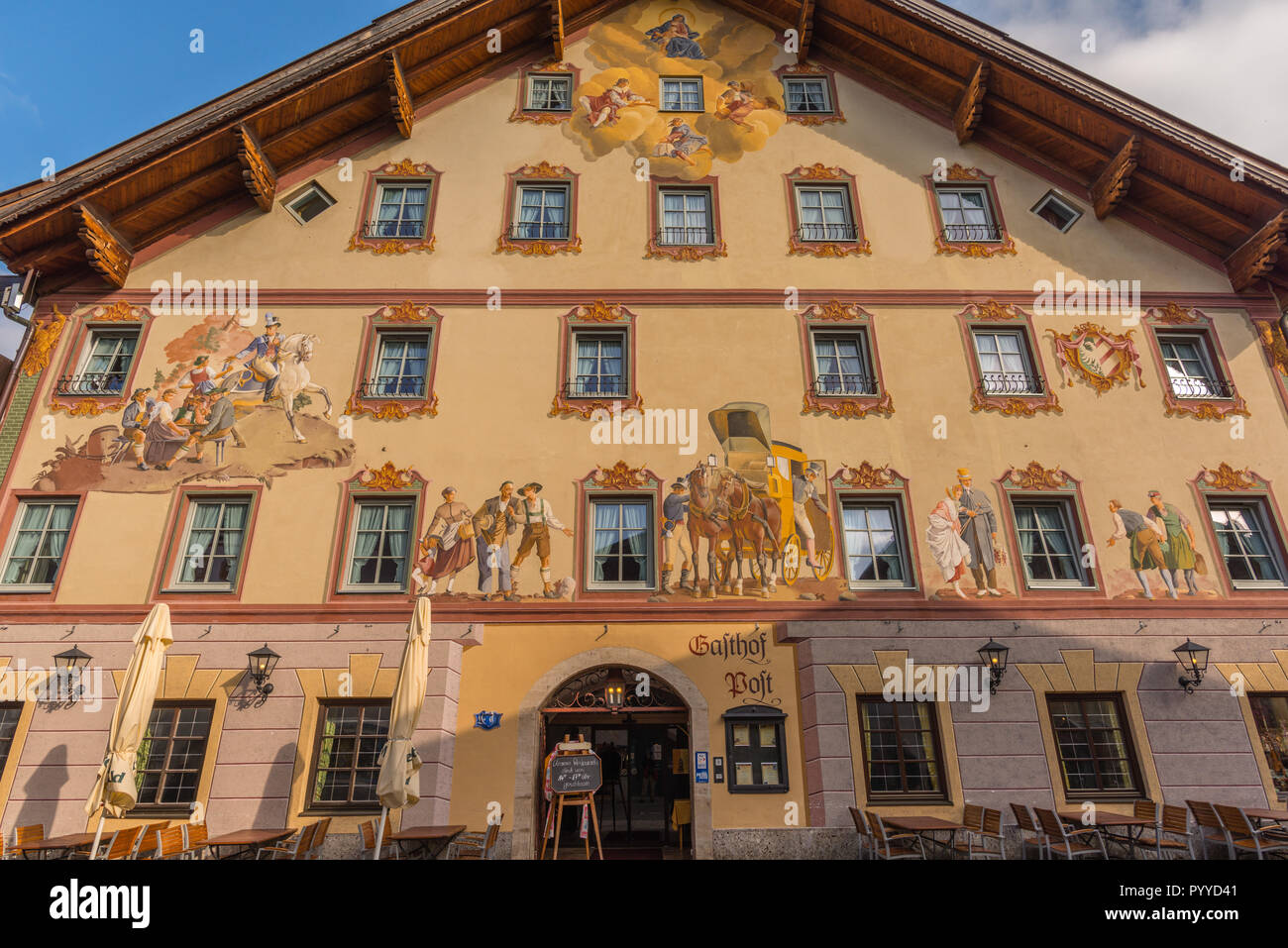 'Restaurant Mail' or 'Gasthof Post' with different motives of wall painting, Mittenwald, Upper Bavaria, Bavaria, Germany, Europe, Stock Photo