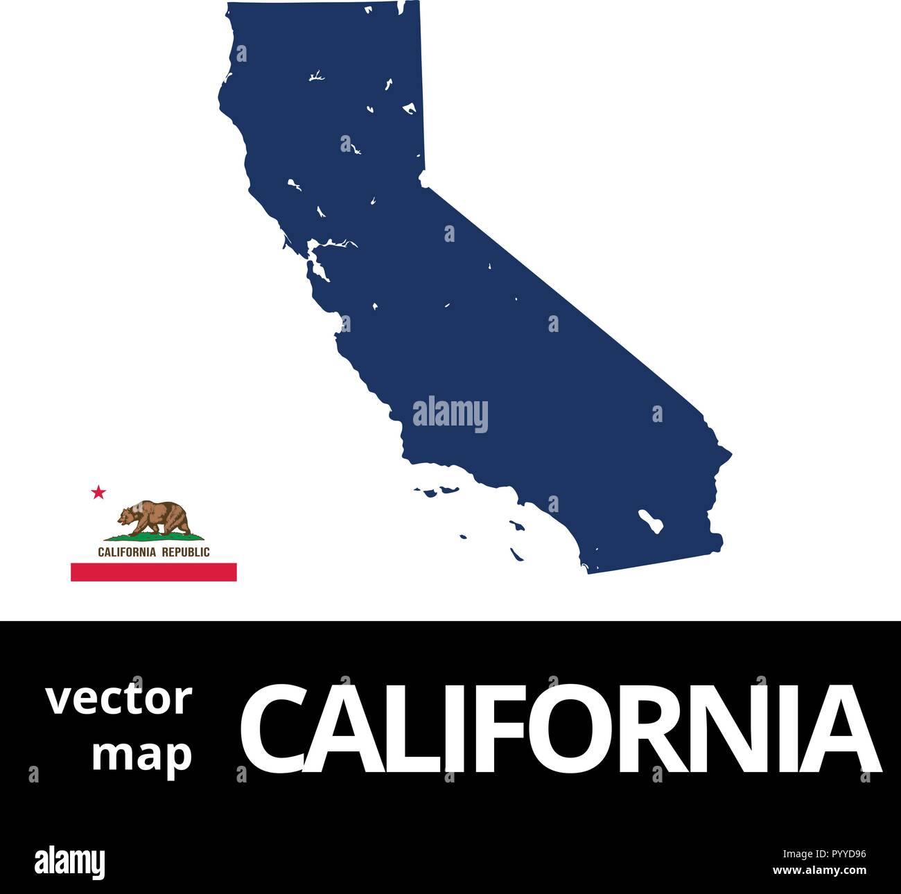 California vector map with state flag. Blue map on white background. Stock Vector