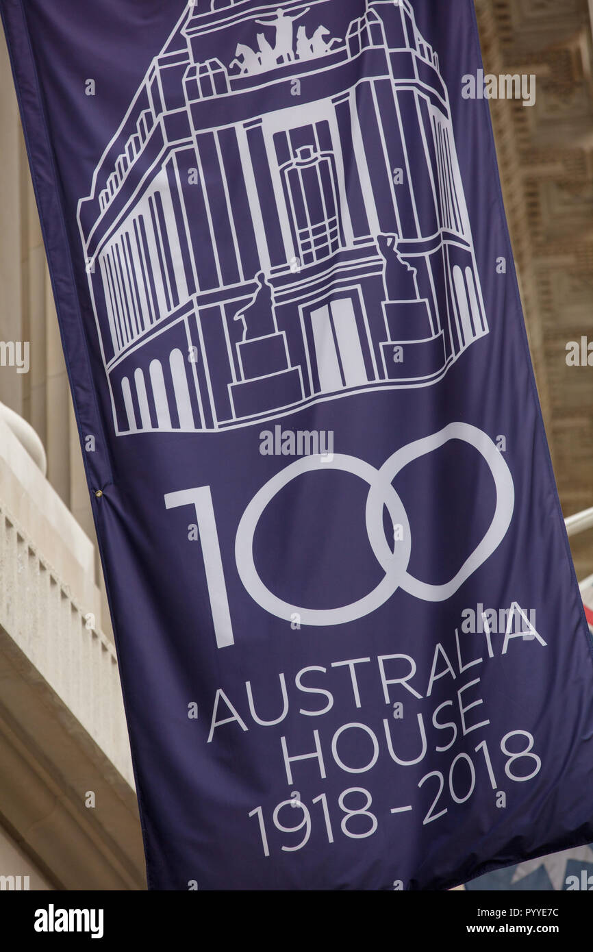 Flags celebrating the centenary of Australian House, a landmark building on the Strand, England, London, UK. Stock Photo