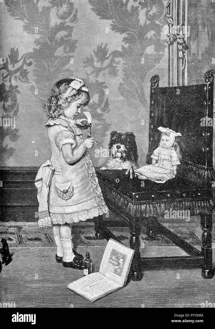Vintage fun and humor, girl plays doctor giving a medicine spoon to her doll with toothache Stock Photo