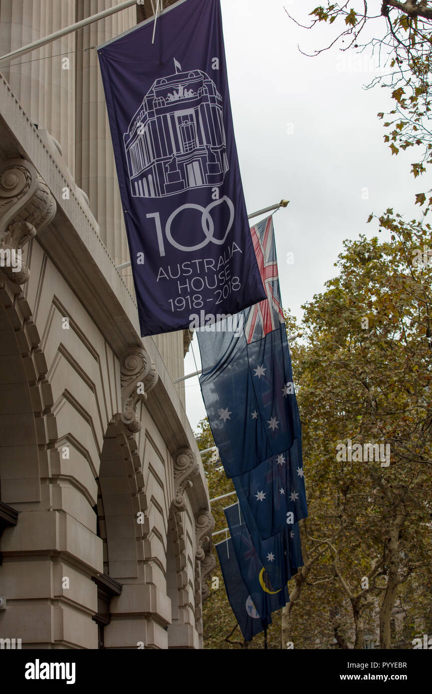 Flags celebrating the centenary of Australian House, a landmark building on the Strand, England, London, UK, home to the High Commission of Australia Stock Photo