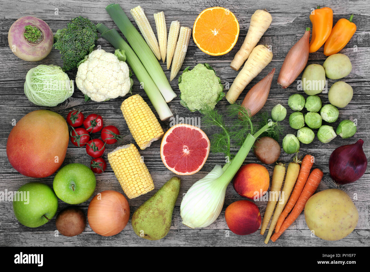 High fibre health food concept with fresh vegetables and fruit. Foods