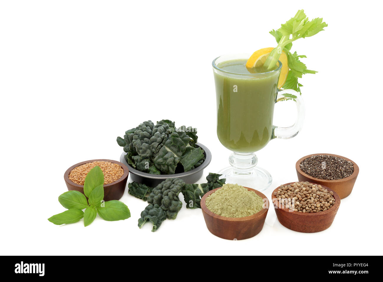 Healthy juice power drink with kale, matcha powder, flax, chia and hemp