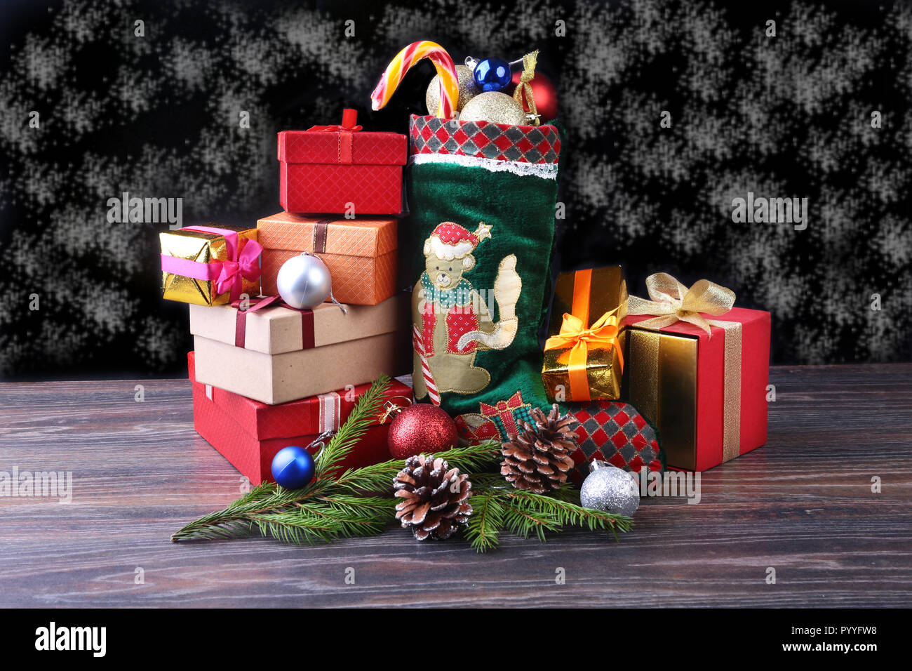 Christmas background. Advent calendar and Santa's shoe with gifts on ...