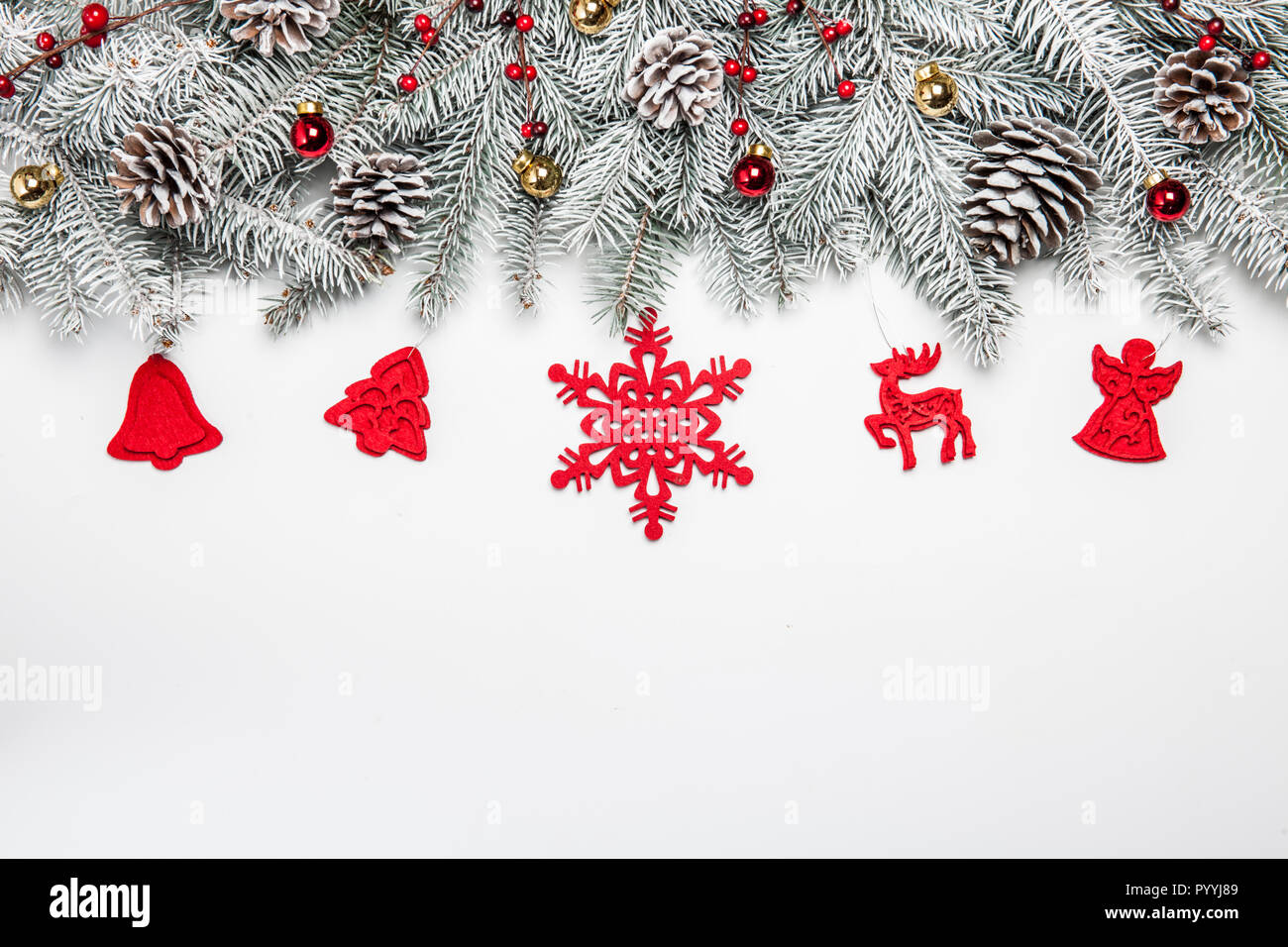 Christmas background with snow fir tree and decoration. Top view with ...