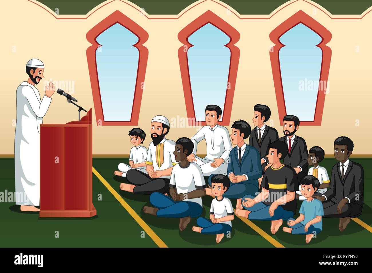 A vector illustration of Muslim Imam Giving Speech in Mosque Stock Vector