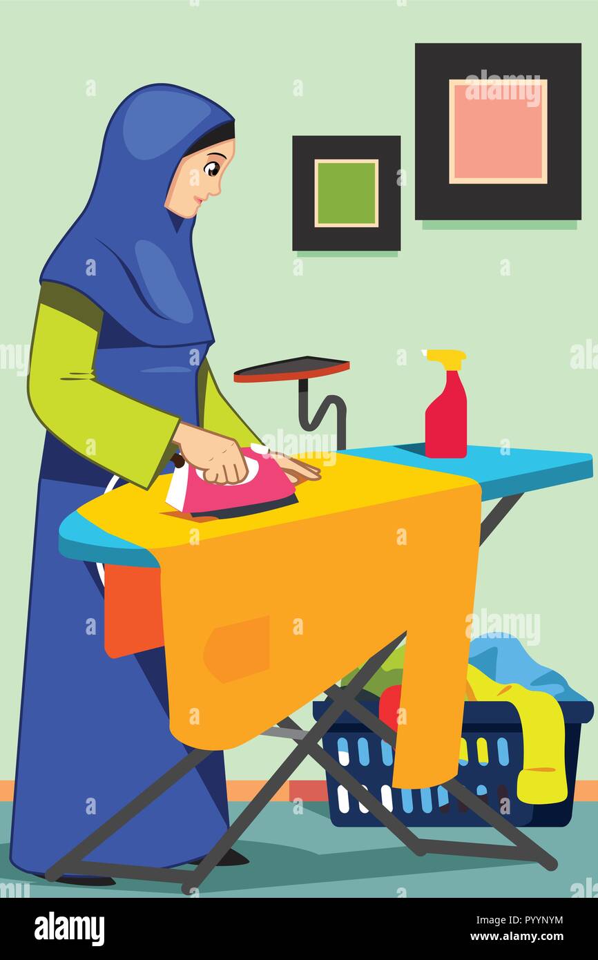 A vector illustration of Muslim Woman Ironing Clothes Stock Vector