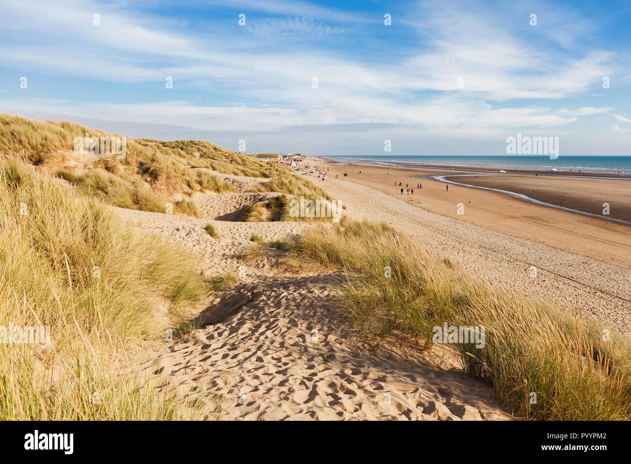Camber Sands, sandy beach at the village of Camber, East Sussex near Rye, England, the only sand dune system in East Sussex. View of the dunes, grass Stock Photo