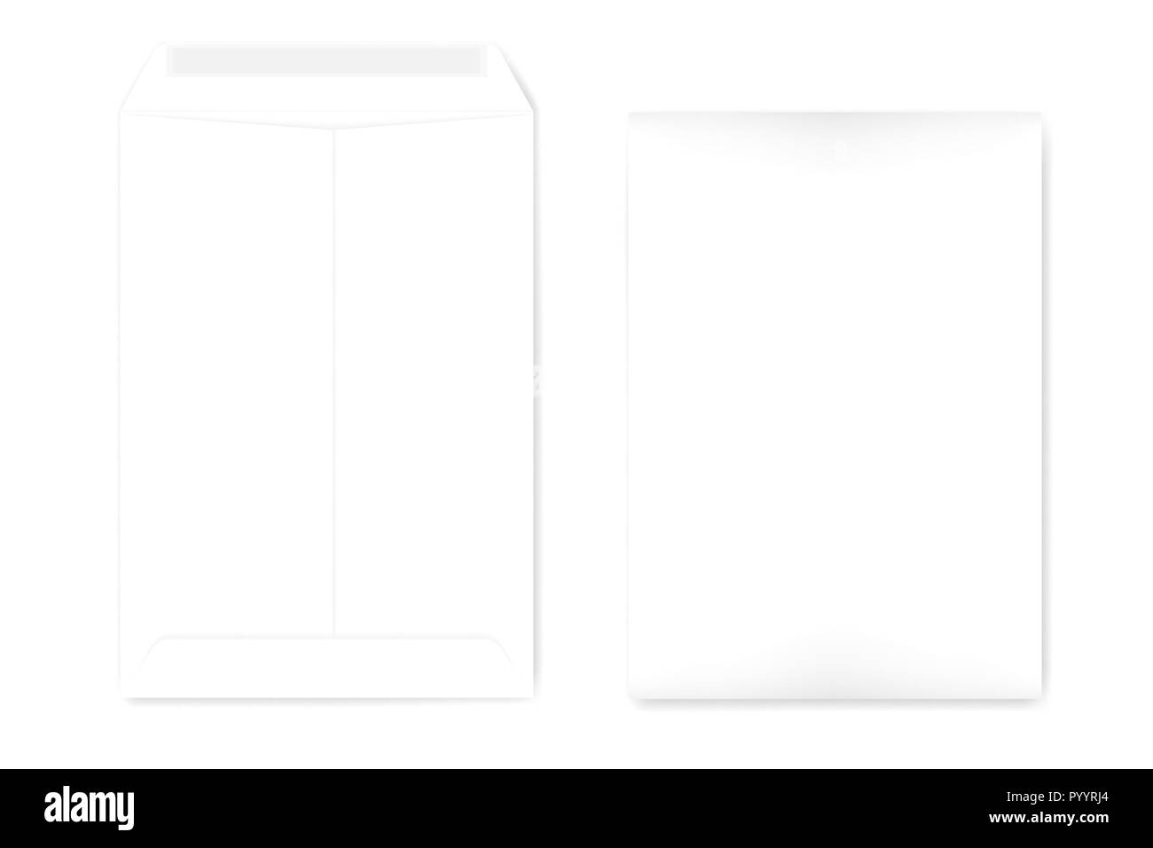 A4 catalog envelope with self adhesive seal, mock up. Empty document case isolated on white background, vector template Stock Vector